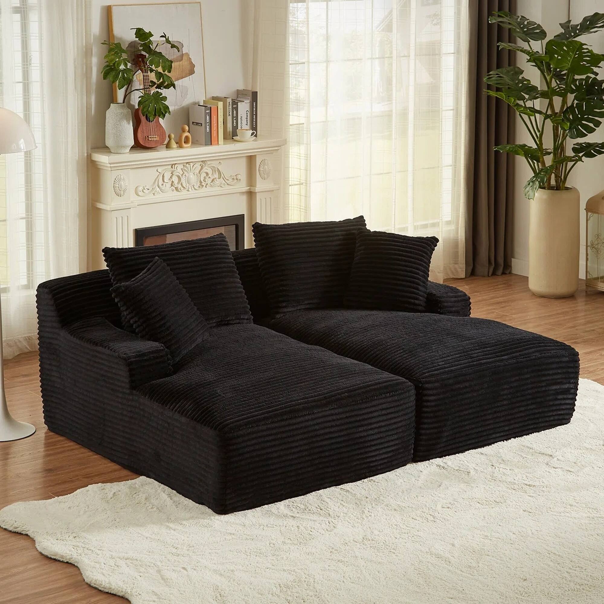 Alt View 2. Yardgrace - Oversized Corduroy Upholstered Chaise Lounge – No Assembly Required, Plush Boneless Sofa for Living Room - Black.