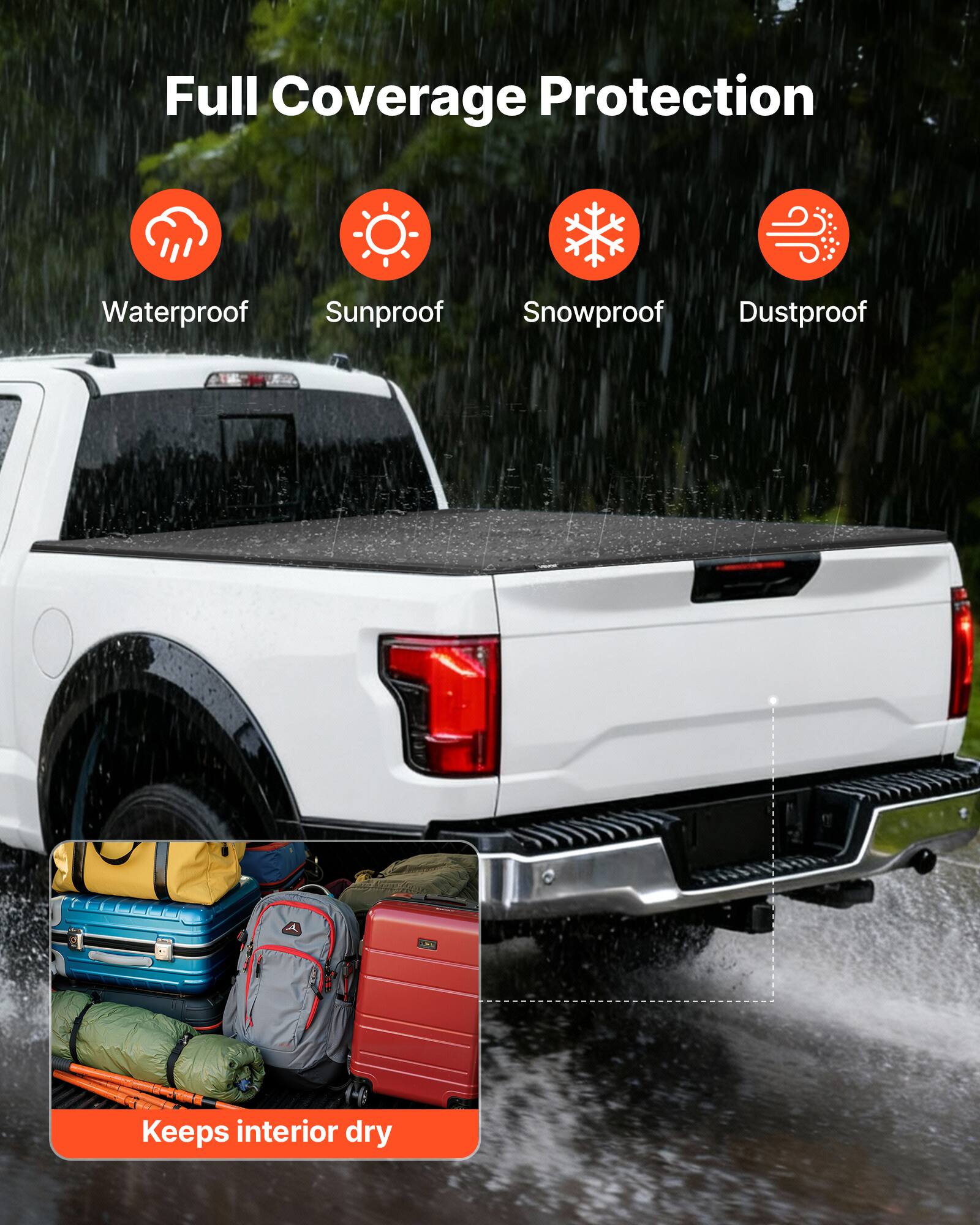 Full Coverage Protection  
Waterproof  
Sunproof  
Snowproof  
Dustproof  
Keeps interior dry