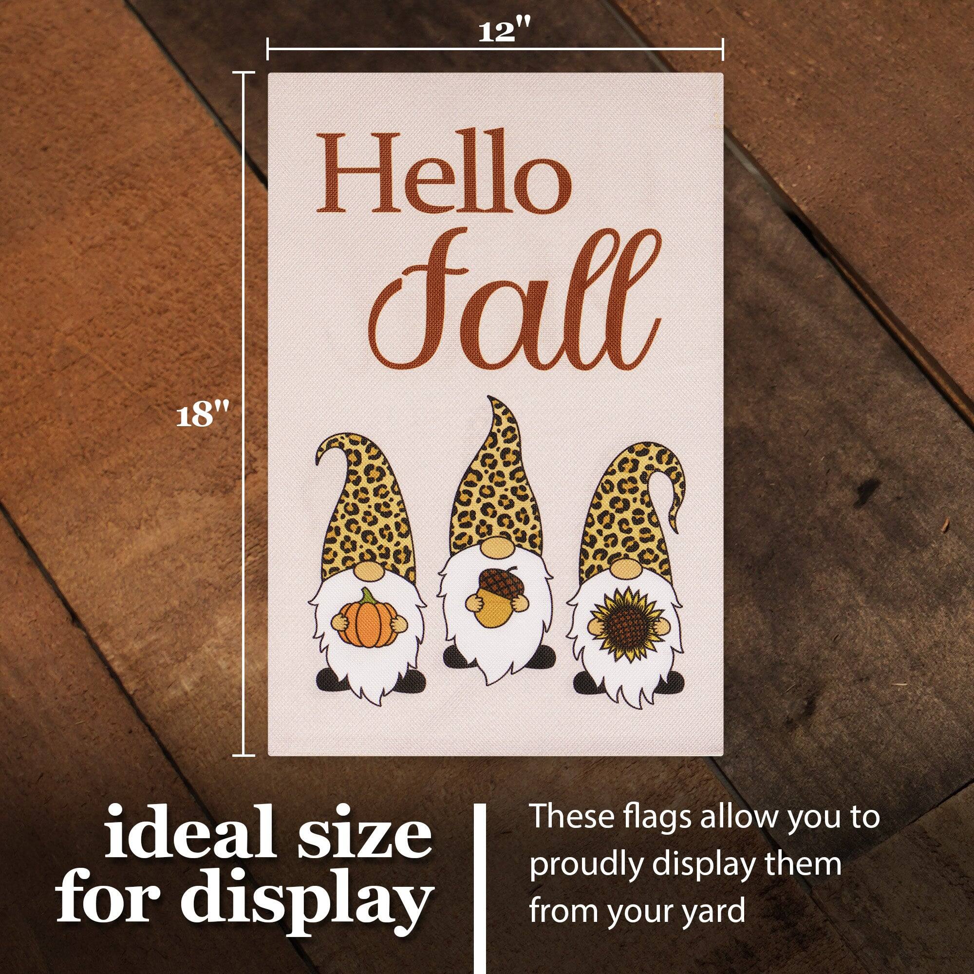G128 Hello Fall Garden Flag — Three Gnomes with Pumpkin, Acorn ...