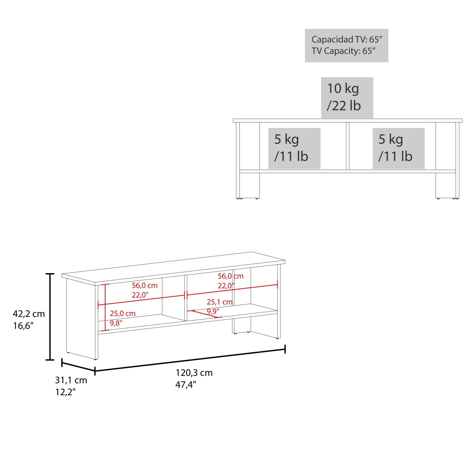 Capacidad TV: 65"  
TV Capacity: 65"  

10 kg / 22 lb  
5 kg / 11 lb  
5 kg / 11 lb  

42,2 cm / 16,6"  
56,0 cm / 22,0"  
25,0 cm / 9,8"  
56,0 cm / 22,0"  
25,1 cm / 9,9"  
31,1 cm / 12,2"  
120,3 cm / 47,4"