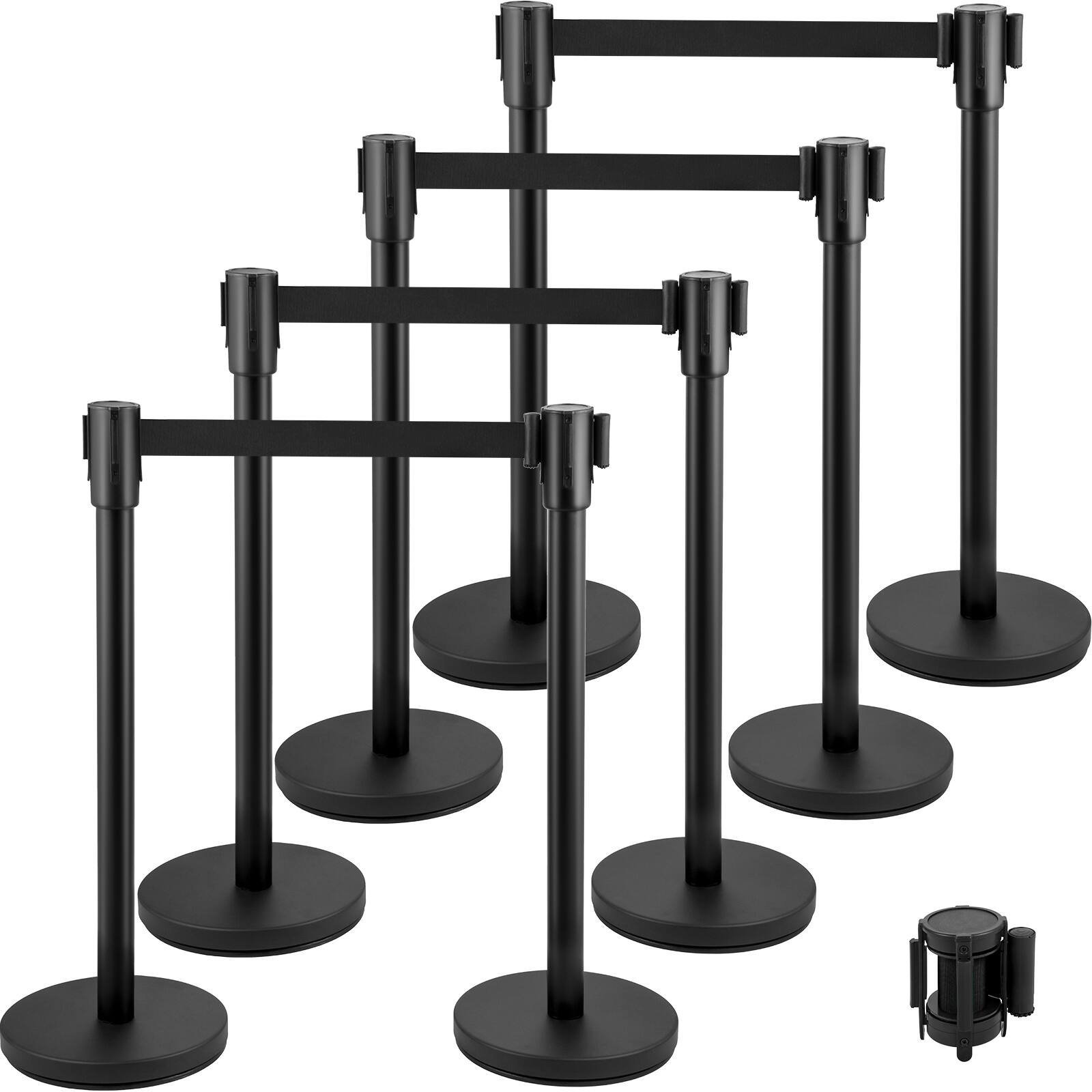 Front. VEVOR - Crowd Control Stanchion, Set of 8 Pieces Stanchion Set, Stanchion Set with 6.6 ft/2 m Black Retractable Belt - Black.