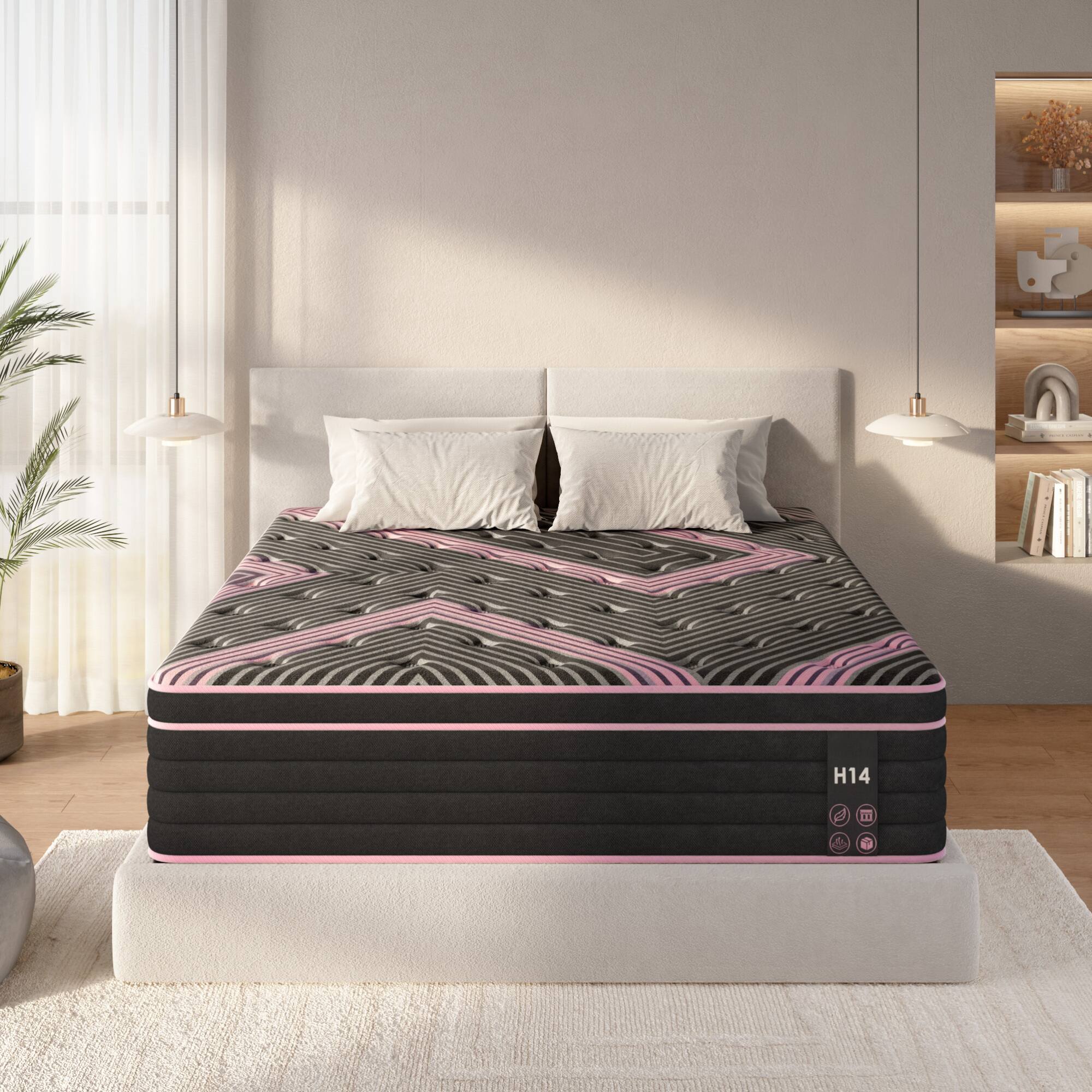 Angle. GOODSILO - King Size Hybrid Mattress with Pocket Springs and Memory Foam for Medium Firm Support - Pink+Black.