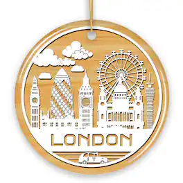 OrnamentallyYou - London City Unique Paper Art Themed Ceramic Christmas Ornament Circle Version - Multi-colored