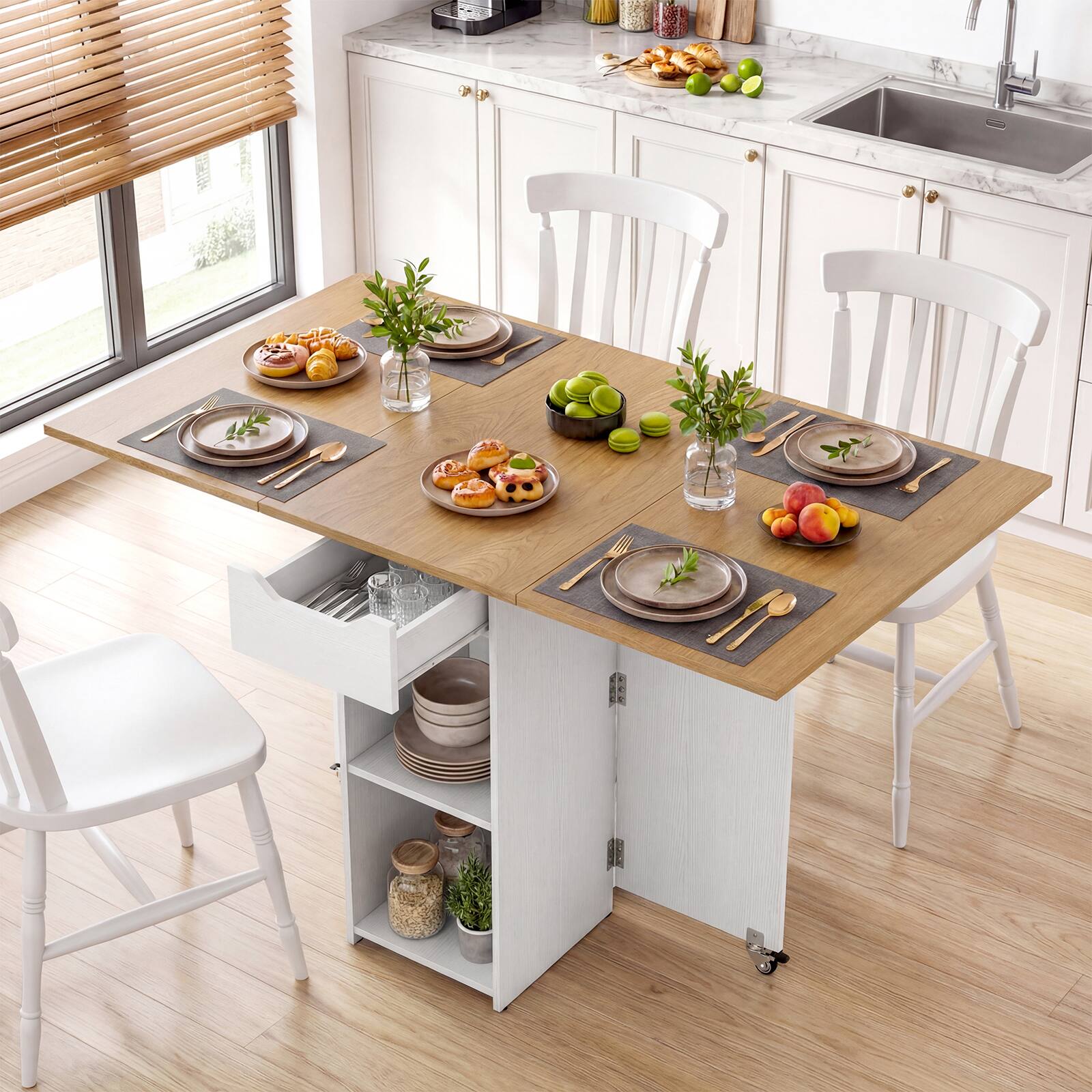 Alt View 1. Gymax - Gymax Folding Dining Table w/2 Open Shelves & Drawer 2 Lockable Universal Wheels Natural & Black - Natural.