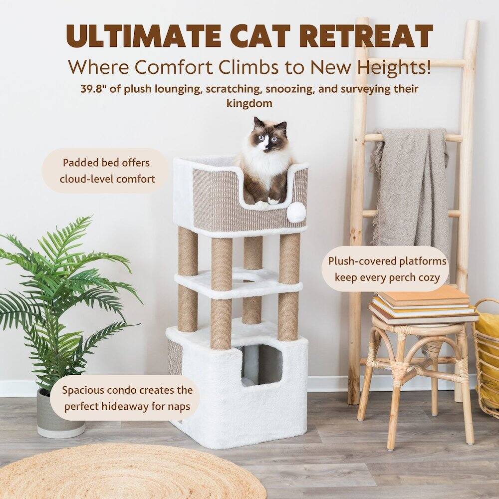 ULTIMATE CAT RETREAT  
Where Comfort Climbs to New Heights!  
39.8" of plush lounging, scratching, snoozing, and surveying their kingdom  

- Padded bed offers cloud-level comfort  
- Plush-covered platforms keep every perch cozy  
- Spacious condo creates the perfect hideaway for naps