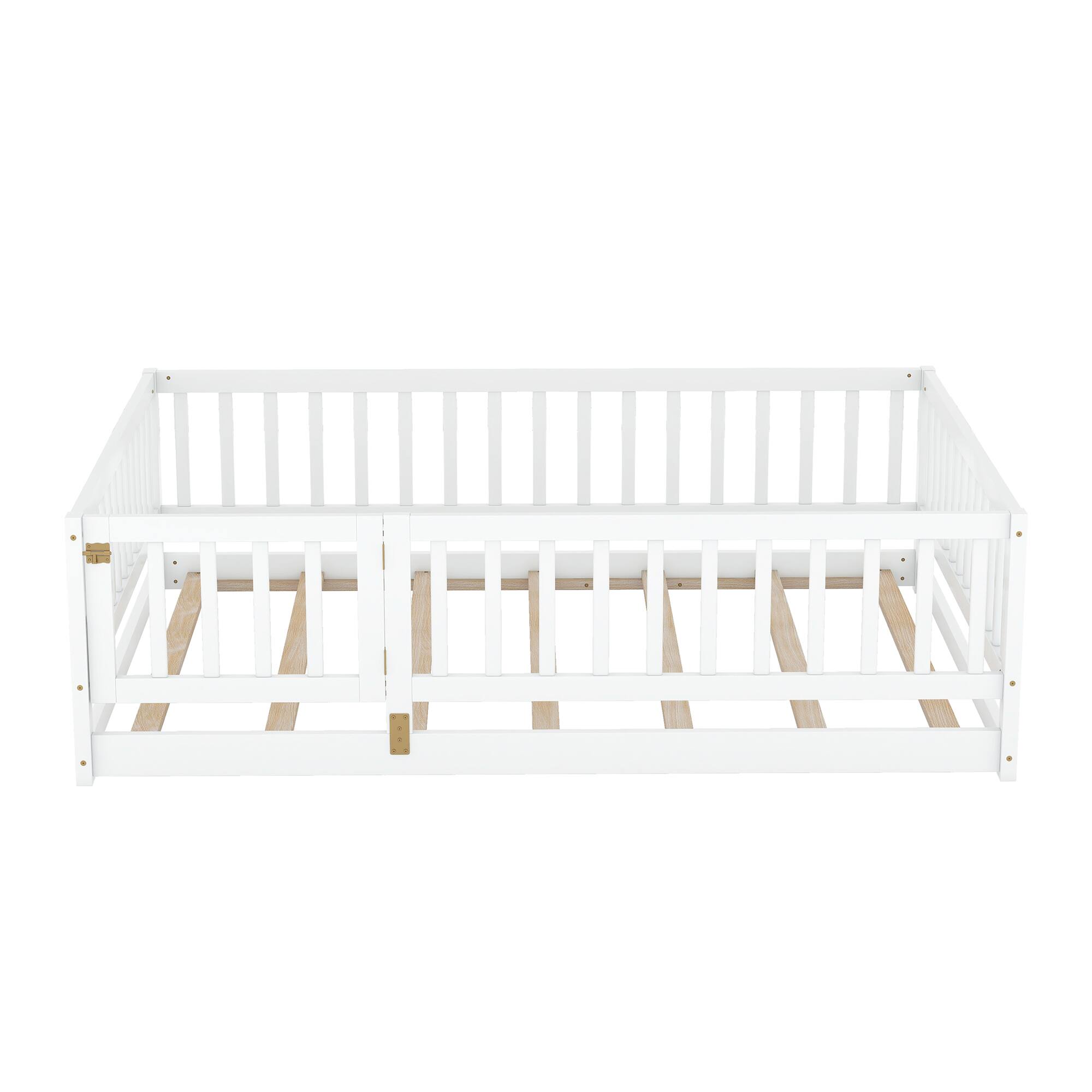 Alt View 5. GOODSILO - Full Size Montessori Floor Bed with Fence & Door - Low Profile Wood Bed Frame for Kids, Toddlers, Boys & Girls - White.