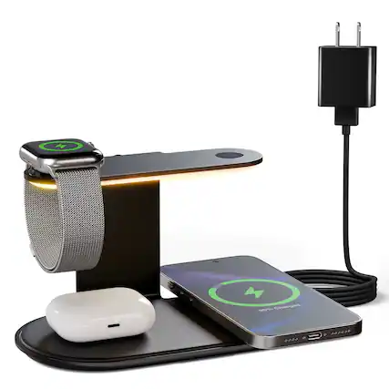 Front. Luckbyte - 18W Magnetic Wireless Charging Station, 4-in-1 Foldable Travel Charger with Night Light for iPhone 17-13, Watch &AirPods - Black Color.