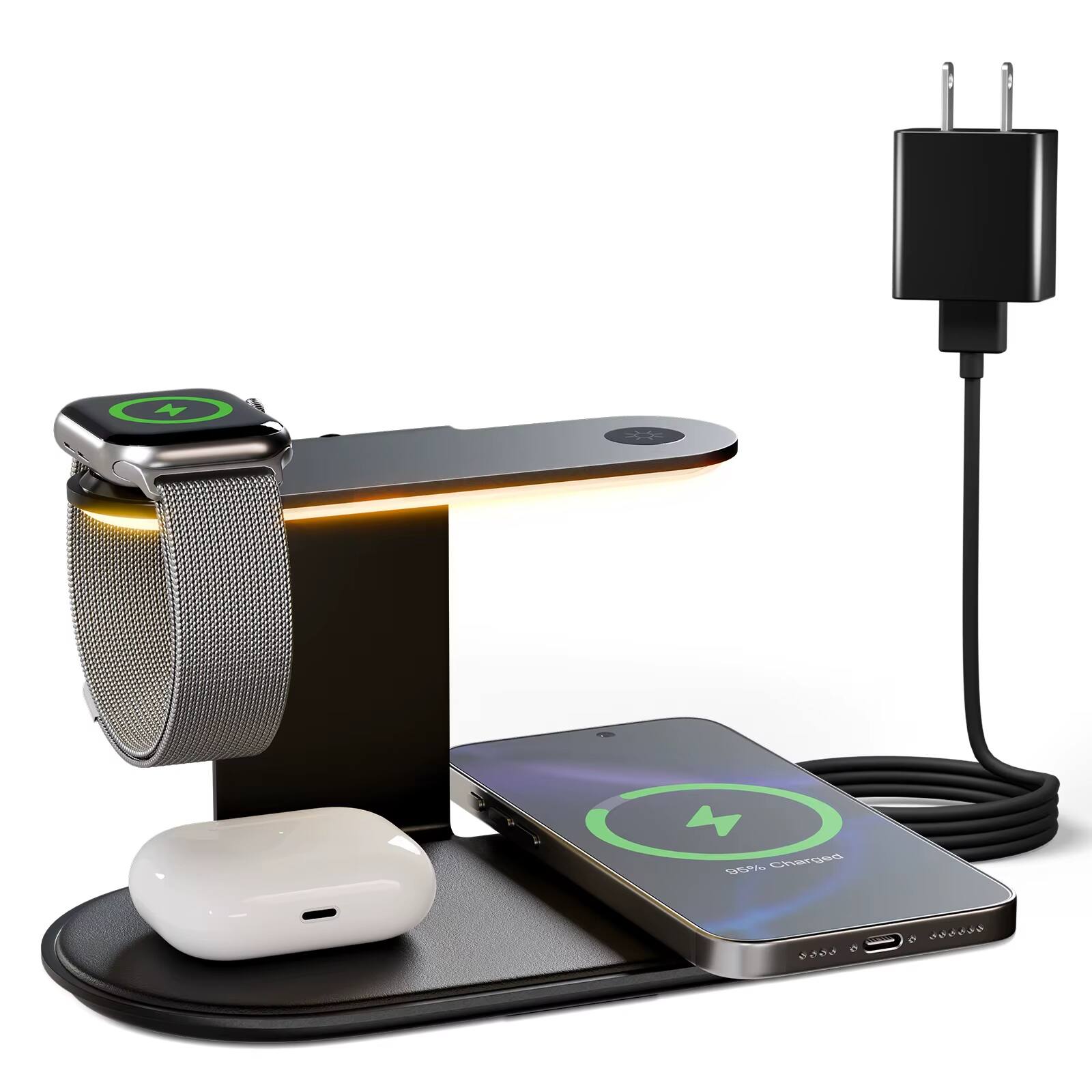 Front. Luckbyte - 18W Magnetic Wireless Charging Station, 4-in-1 Foldable Travel Charger with Night Light for iPhone 17-13, Watch &AirPods - Black Color.