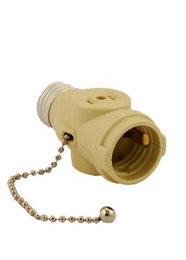 Leviton - Polarized Lamp Holder Adapter with Pull Chain and 2 Outlets, 660W, 1 Pack - Ivory