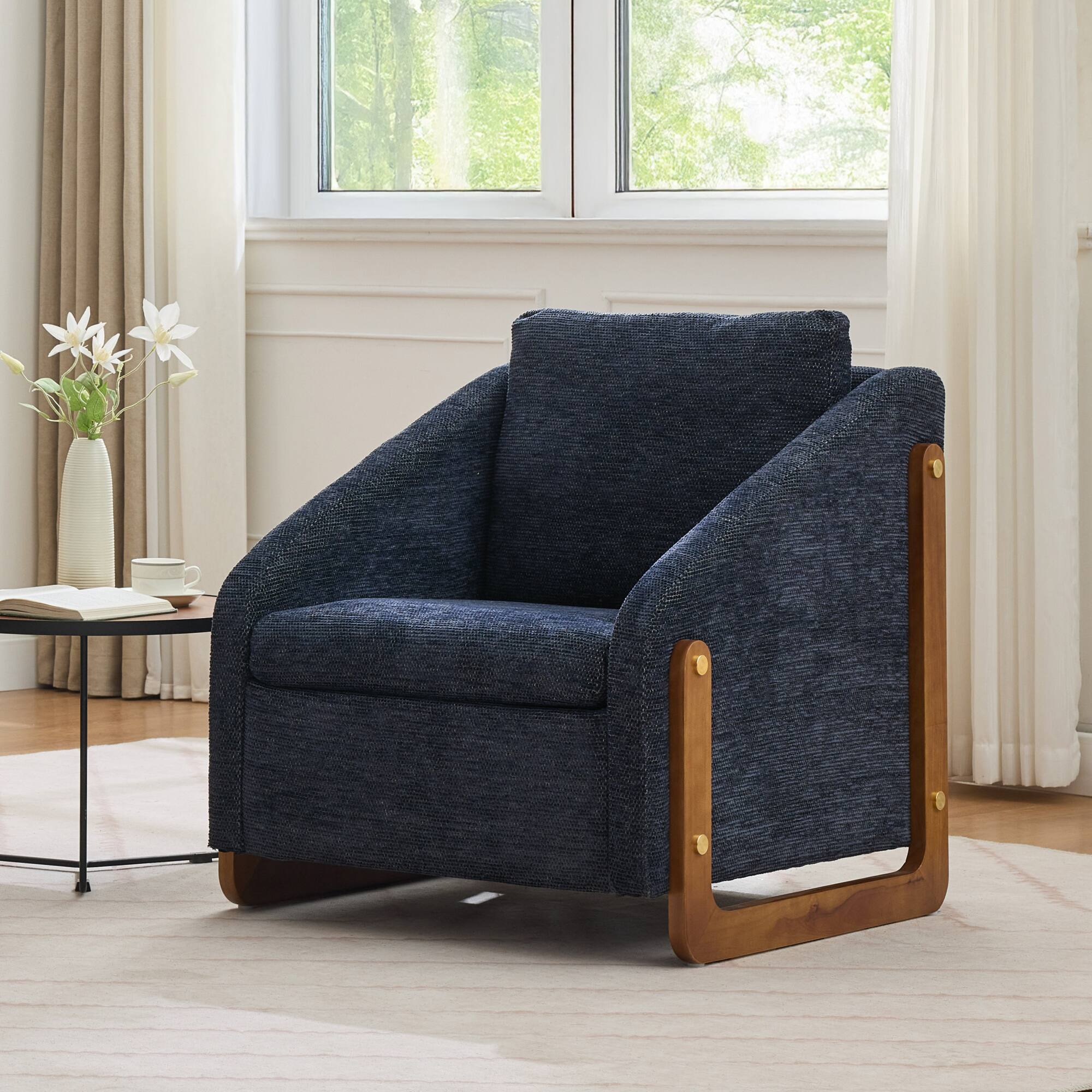 Alt View 6. GOODSILO - Modern Upholstered Armchair with Wooden Side Frame and Cushioned Seat for Living Room or Bedroom - Blue.