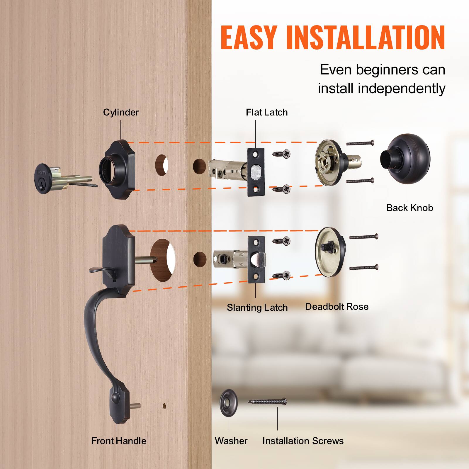 Cylinder, Flat Latch, Back Knob, Slanting Latch, Deadbolt Rose, Front Handle, Washer, Installation Screws, EASY INSTALLATION, Even beginners can install independently