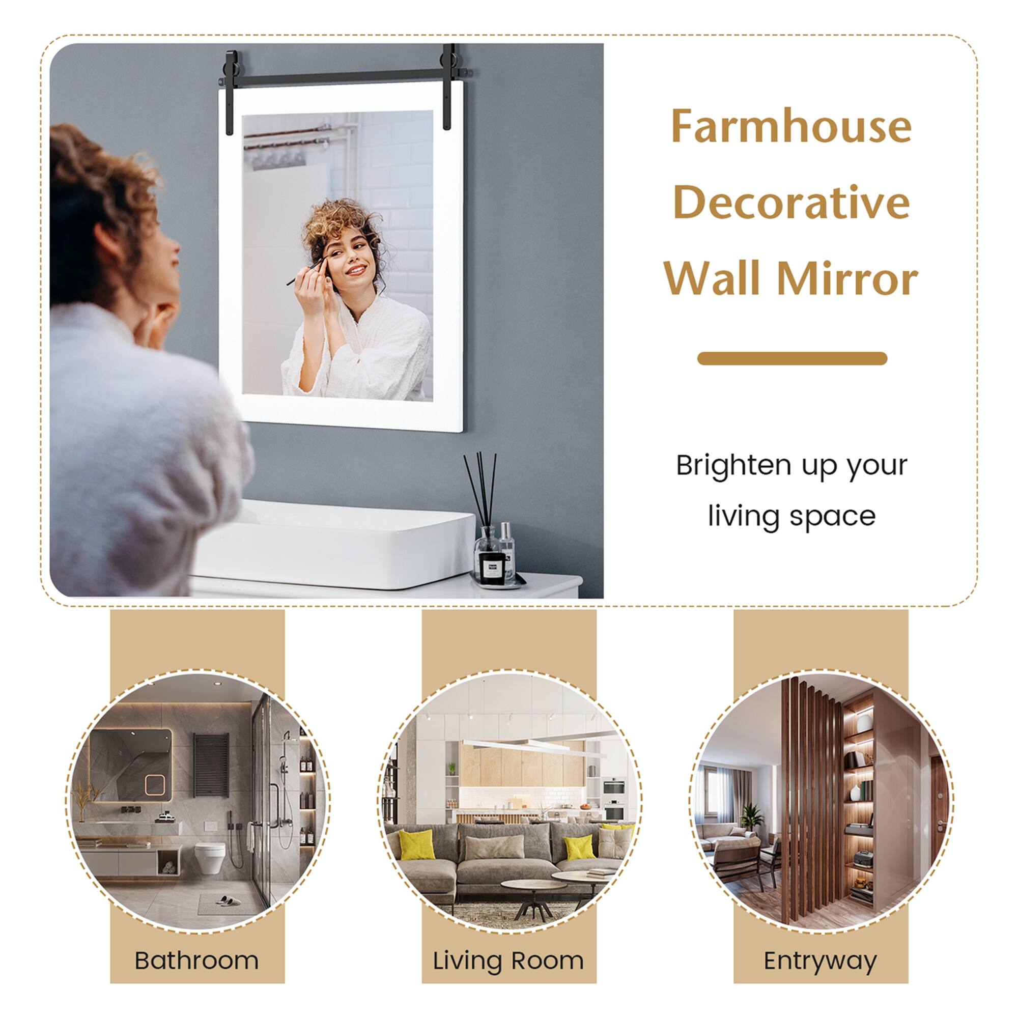 Farmhouse Decorative Wall Mirror

Brighten up your living space

Bathroom  
Living Room  
Entryway
