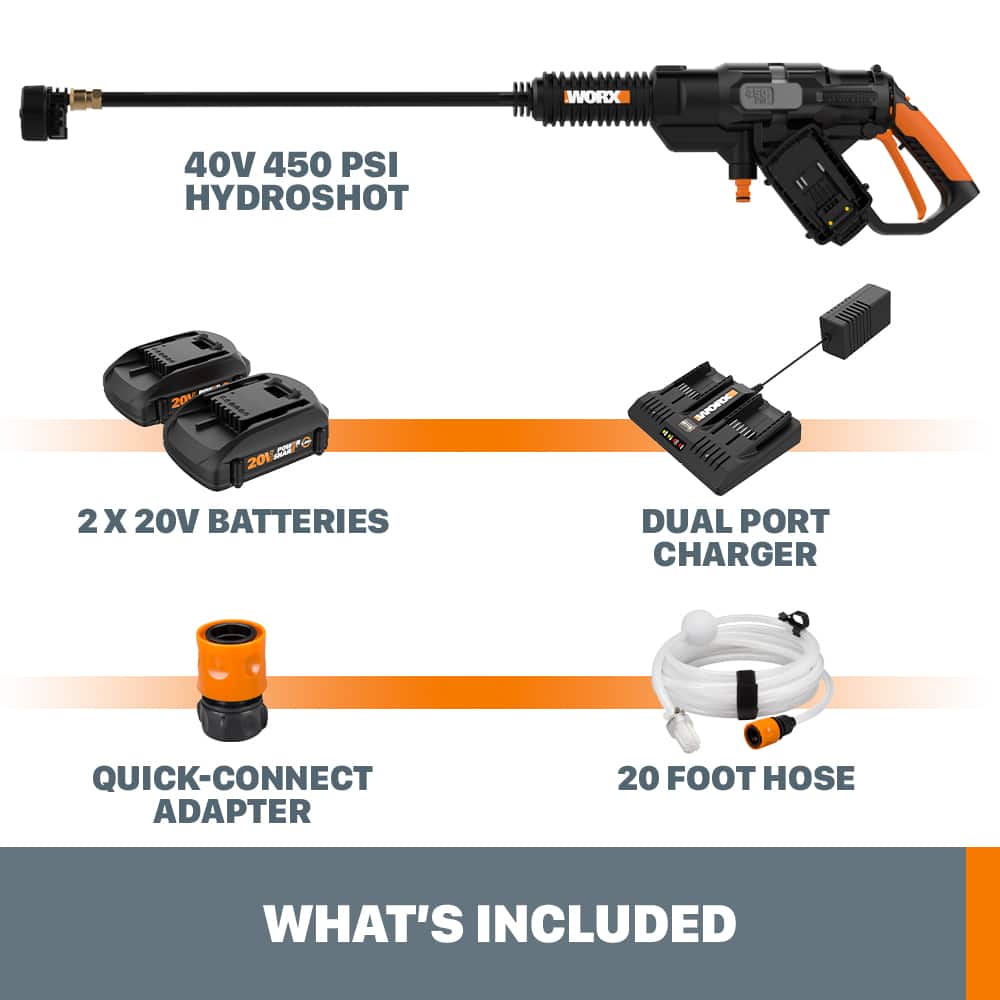 What's included:
* 40V 450 PSI HYDROSHOT
* 20% off
* 201.010
* 201
* 2X 20V BATTERIES
* DUAL PORT CHARGER
* QUICK-CONNECT ADAPTER
* 20 FOOT HOSE