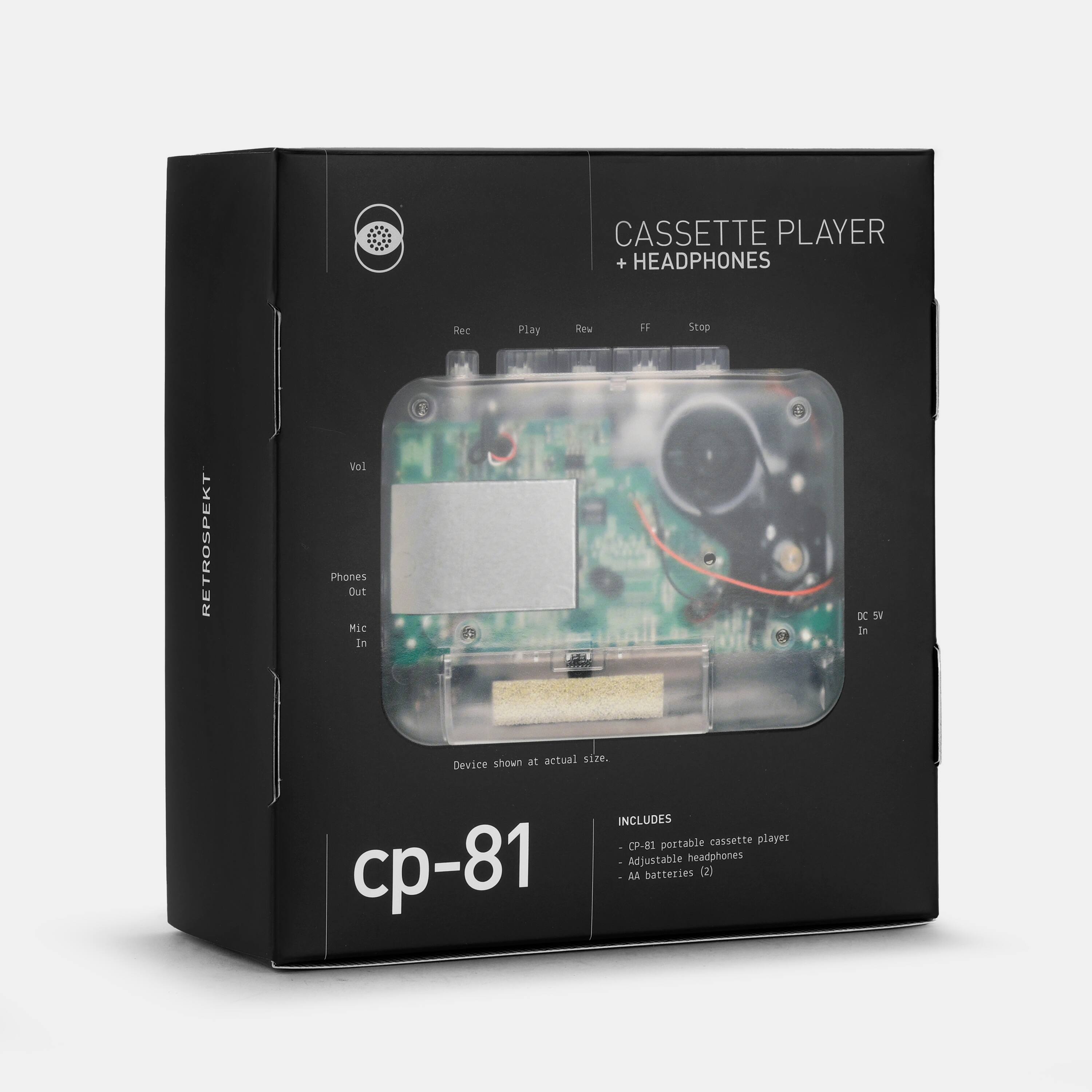 Cassette Player + Headphones  
Replay FF 5400  
Retrospekt Vol  
Phones Out  
Mic In  
3.83 + DE b4 in shown at actual size.  
Device includes CP-81 portable cassette player  
Adjustable headphones  
A batteries (2)  

Cassette Player + Headphones  
Rec Play FF Stop  
Phones Out  
Mic In  
Device shown at actual size.  
Includes  
- CP-81 portable cassette player  
- Adjustable headphones  
- AA batteries (2)  

cp-81