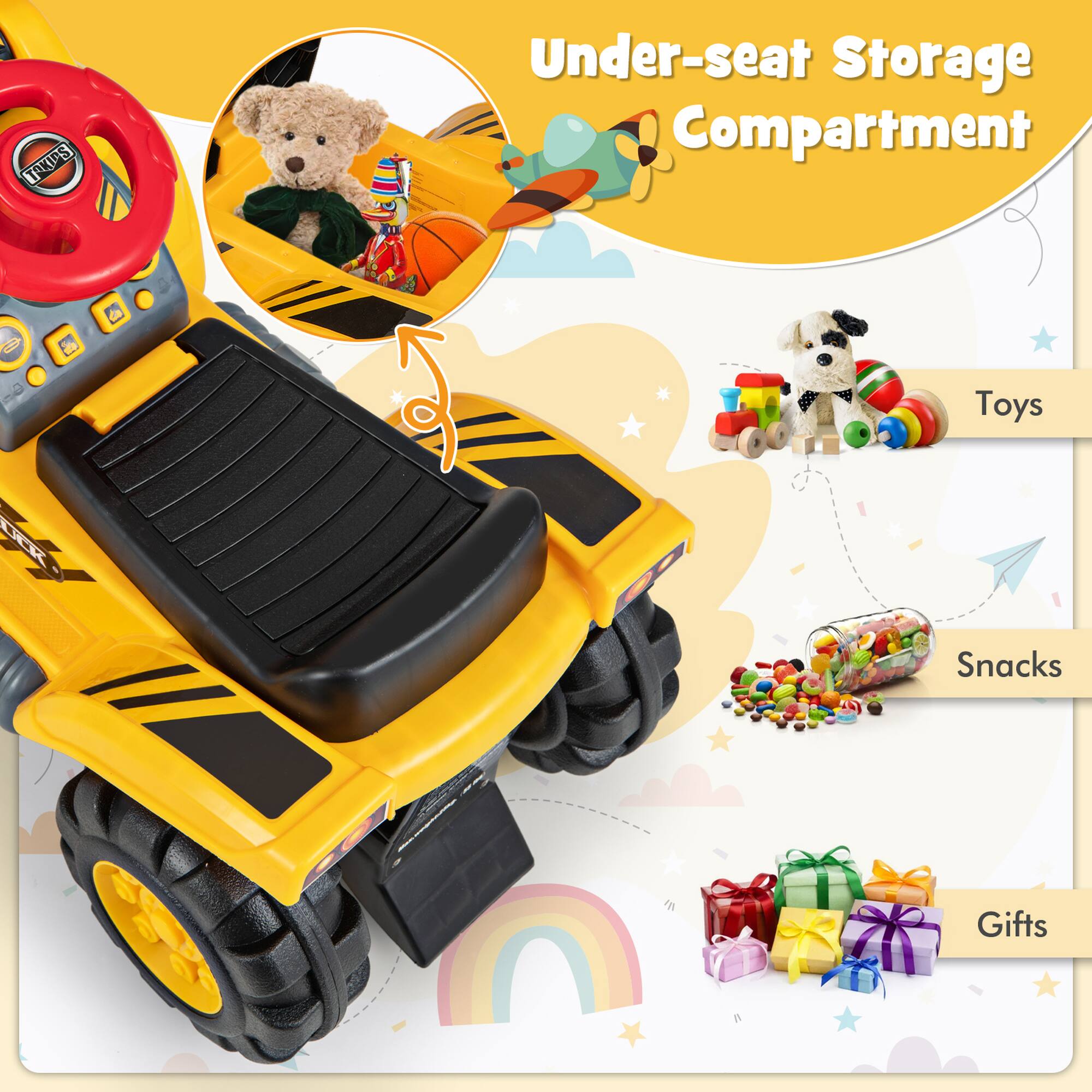 The text in the image is:

"Under-seat Storage Compartment

Toys
Snacks
Gifts"