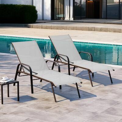 Alt View 4. Crestlive Products - Crestlive Products Set of 2 Brown Metal Frame Adjustbale Chaise Lounge Chair with Texteline Sling Seat - Light Gray.