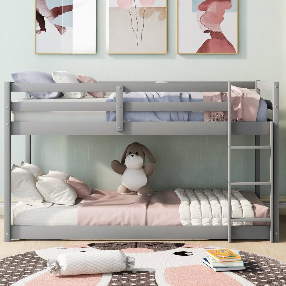 Angle. Loheer - Loheer Twin Over Twin Floor Bunk Bed, Gray Solid Wood Low Bunk Bed with Ladder - Gray.