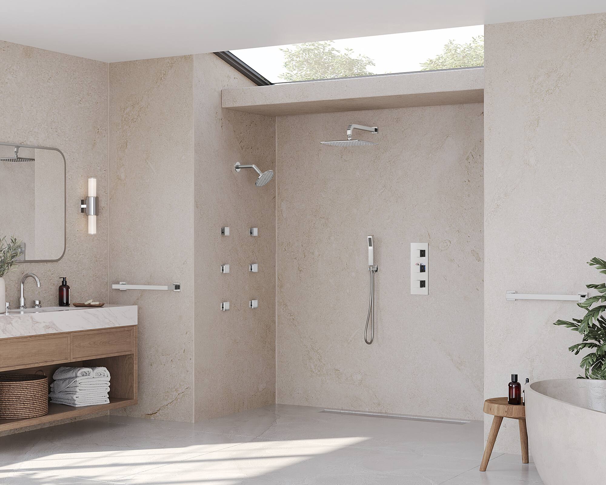 Left. GRANDJOY - 12" Rain Shower System with 6" Wall Shower, Handheld Sprayer, 6 Body Jets and Thermostatic Brass Valve Faucet Set - Chrome.