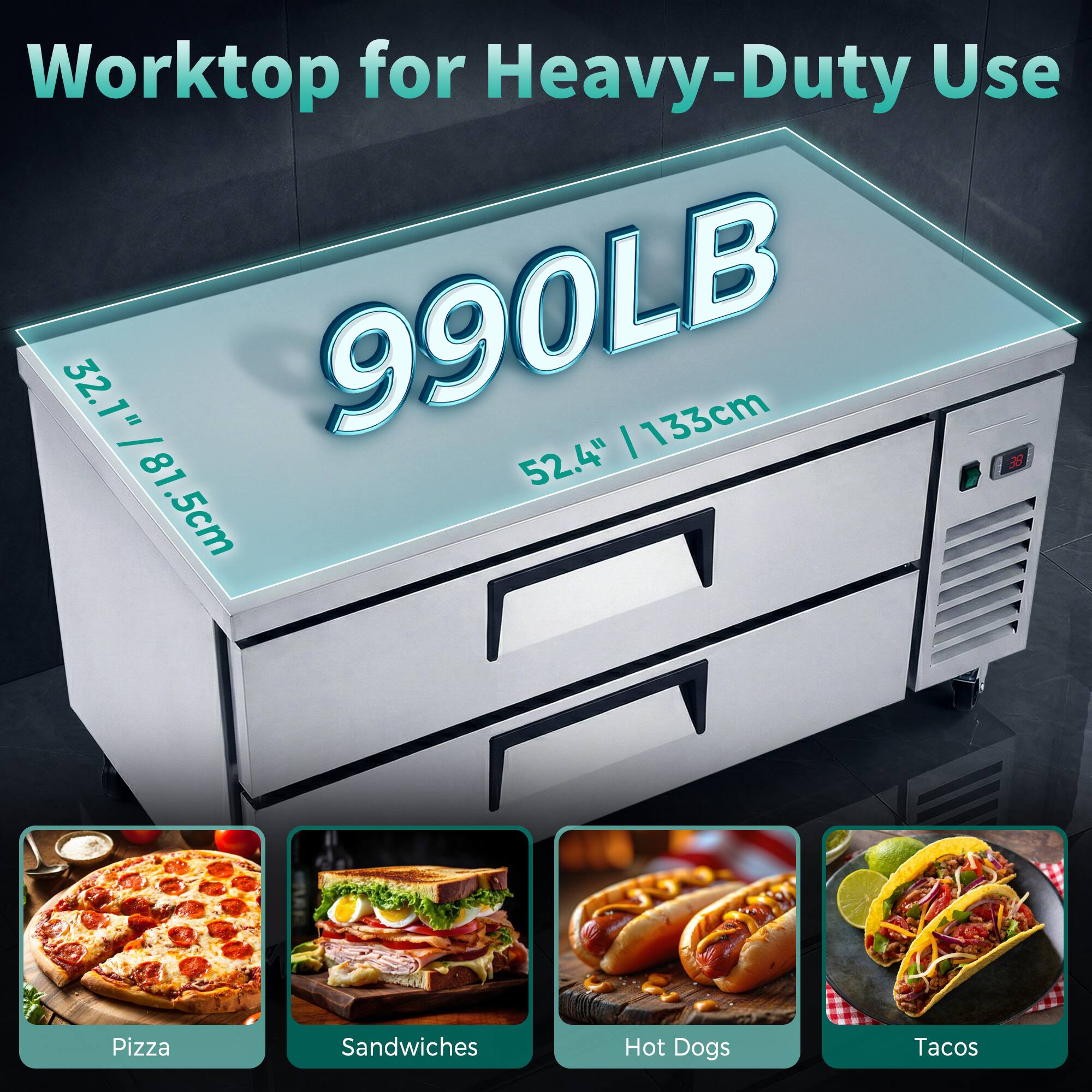 Worktop for Heavy-Duty Use  
32.1" / 81.5cm  
52.4" / 133cm  
990LB  

Pizza  
Sandwiches  
Hot Dogs  
Tacos