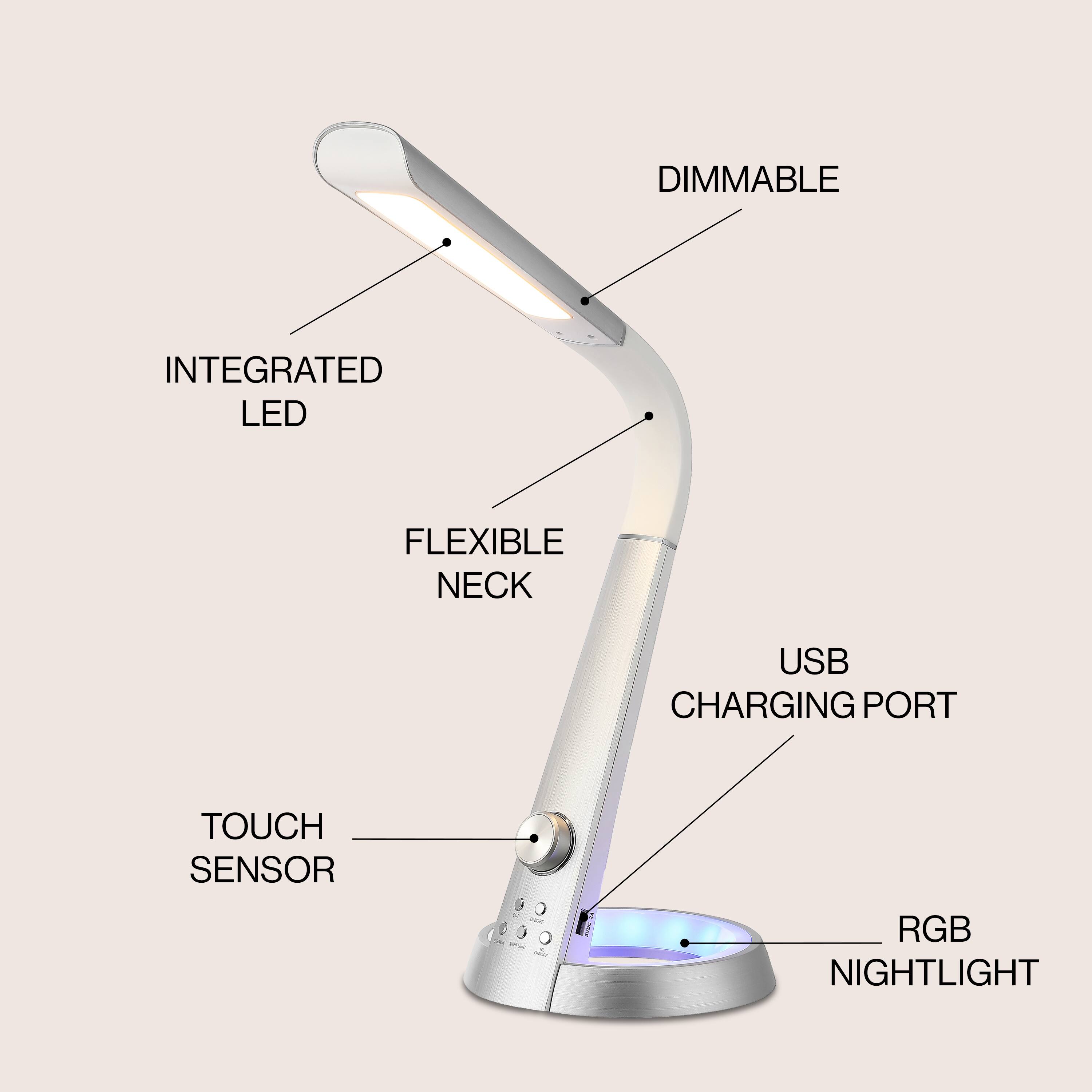 DIMMABLE INTEGRATED LED FLEXIBLE NECK USB CHARGING PORT TOUCH SENSOR RGB NIGHTLIGHT