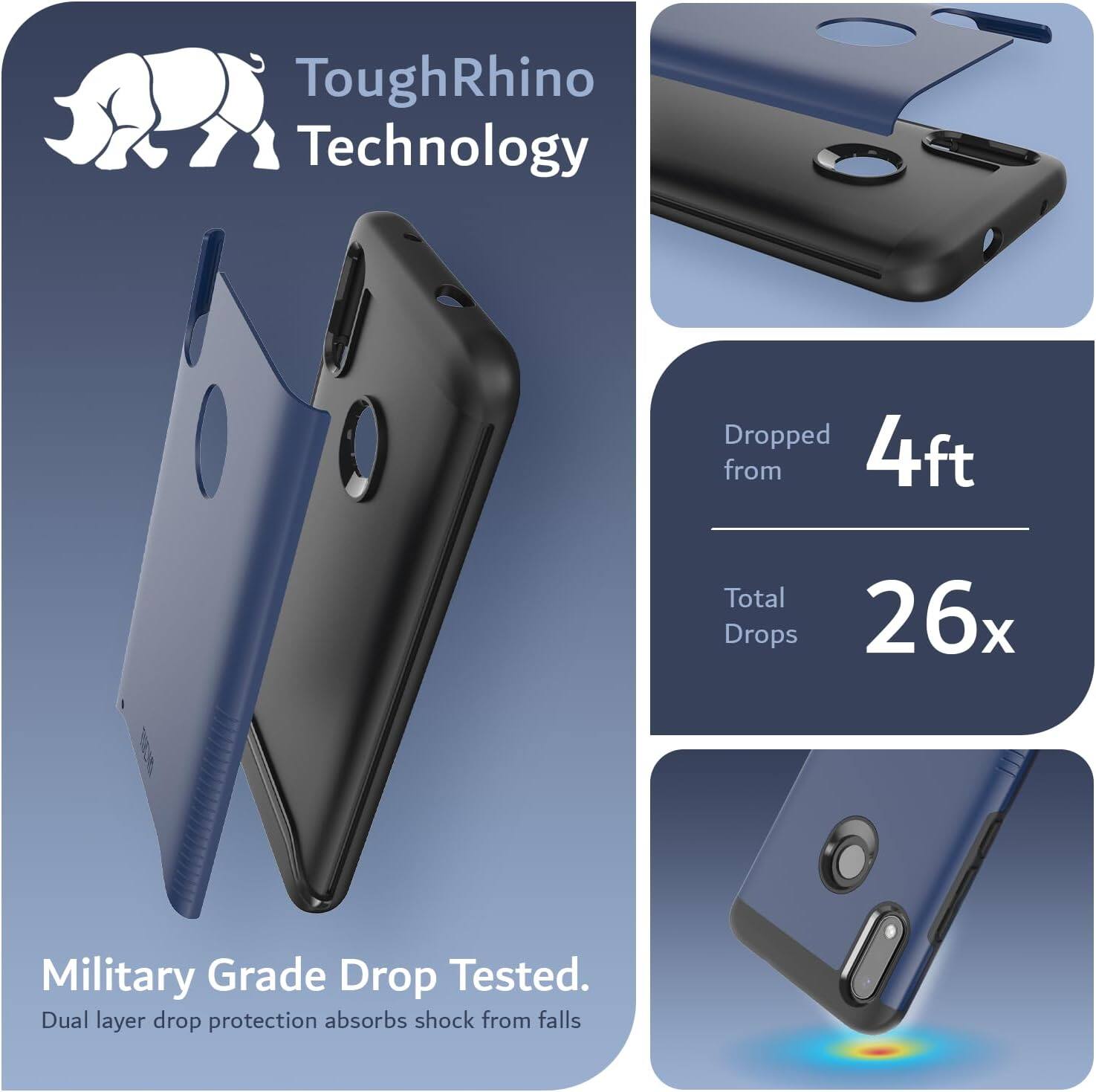 ToughRhino Technology

Dropped from 4ft  
Total Drops 26x

Military Grade Drop Tested.  
Dual layer drop protection absorbs shock from falls