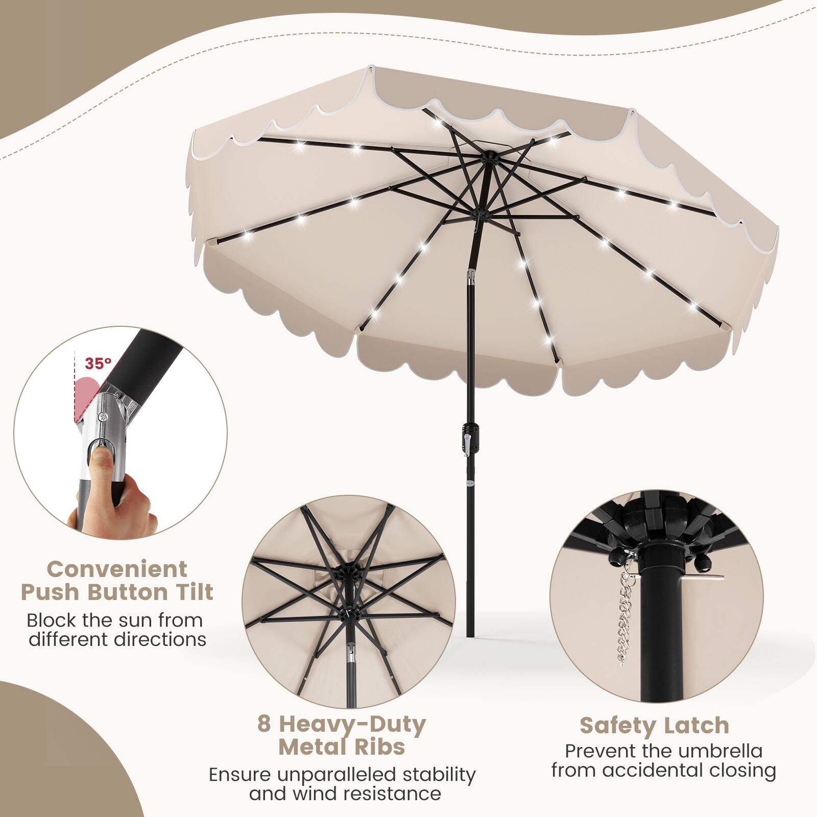 Convenient Push Button Tilt Block the sun from different directions, 8 Heavy-Duty Metal Ribs Ensure unparalleled stability and wind resistance, Safety Latch Prevent the umbrella from accidental closing