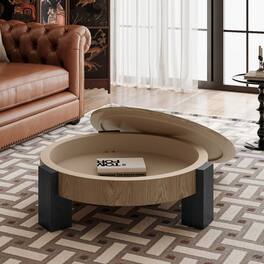 Loheer - 33 Inch Round Coffee Table Hidden Storage Wabi Sabi Wood Parquet Veneer Center Table for Living Room - Matte Black,Natural Wood