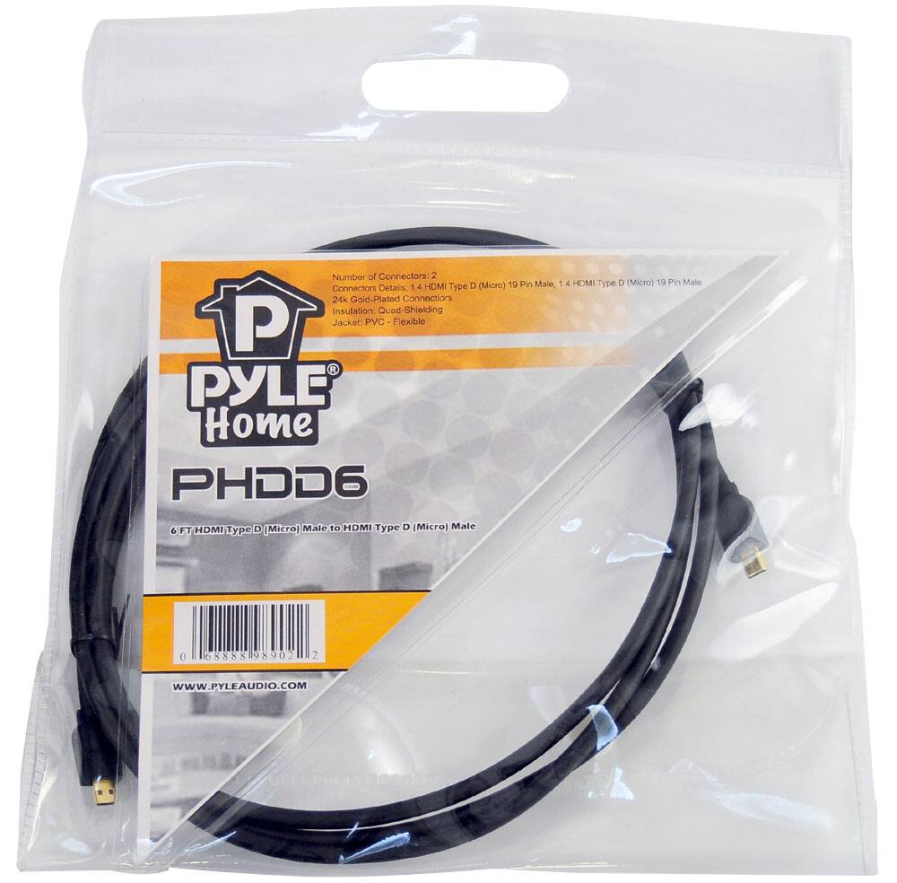 Number of Connectors: 2  
- 14 HDMI Type D (Micro) 19 Pin Male  
- 14 HDMI Type D (Micro) 19 Pin Male  

Details:  
- 24k Gold-Plated Connections  
- Insulation: Quad-Shielding  
- Jacket: PVC - Flexible  

PYLE Home  
PHDD6  
6 FT HDMI Type D (Micro) Male to HDMI Type D (Micro) Male  

WWW.PYLEAUDIO.COM