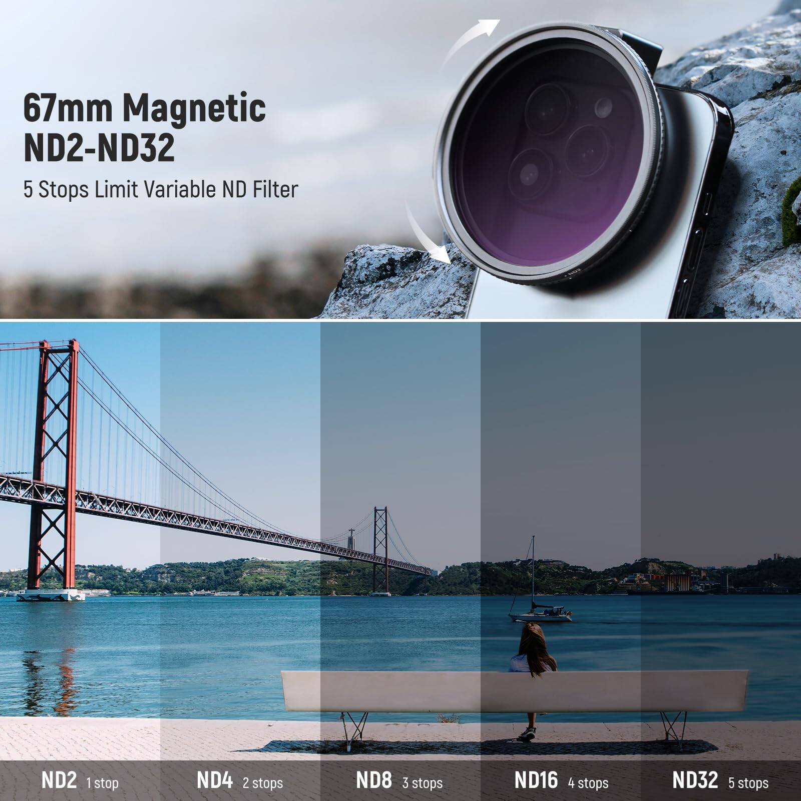 67mm Magnetic ND2-ND32  
5 Stops Limit Variable ND Filter  

ND2 1 stop  
ND4 2 stops  
ND8 3 stops  
ND16 4 stops  
ND32 5 stops