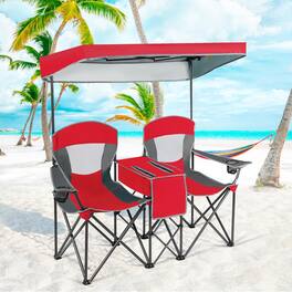Gymax - Folding 2-person Camping Chairs Double Sunshade Chairs w/ Canopy - Red