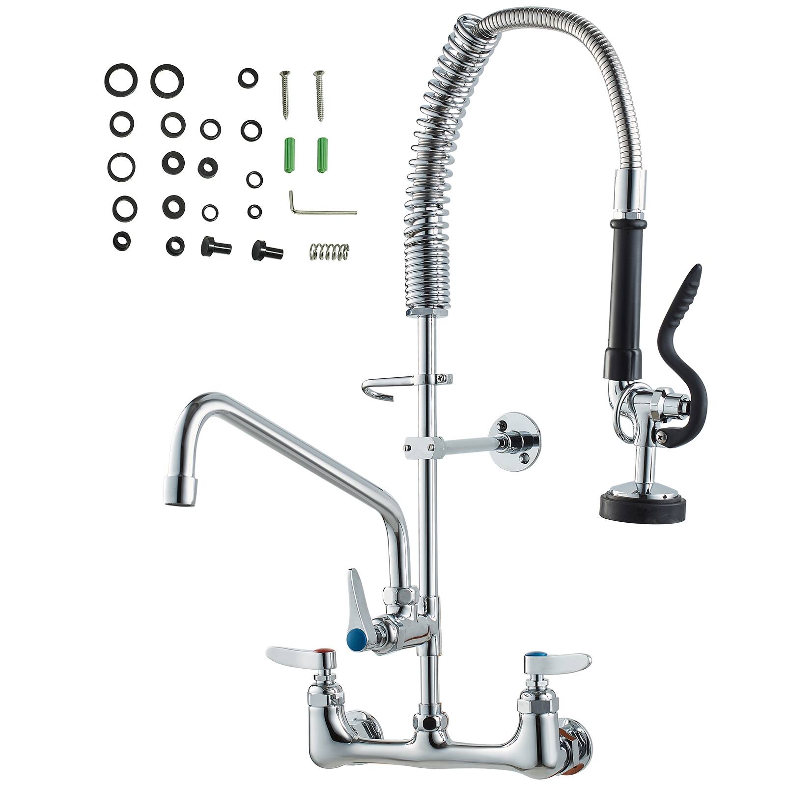 Alt View 5. VEVOR - Wall-Mounted Kitchen Faucet, 25" Tall, 8" Center Distance, 12" Rotatable Spout, Includes Pre-Rinse Spray, Brass Build - Silver.