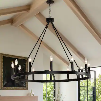 Front. RYHNUYNE - Wagon Wheel Chandelier 12 Light 31" Black Farmhouse Chandelier for Dining Room Rustic Country Pendant Light Fixtures - Black.