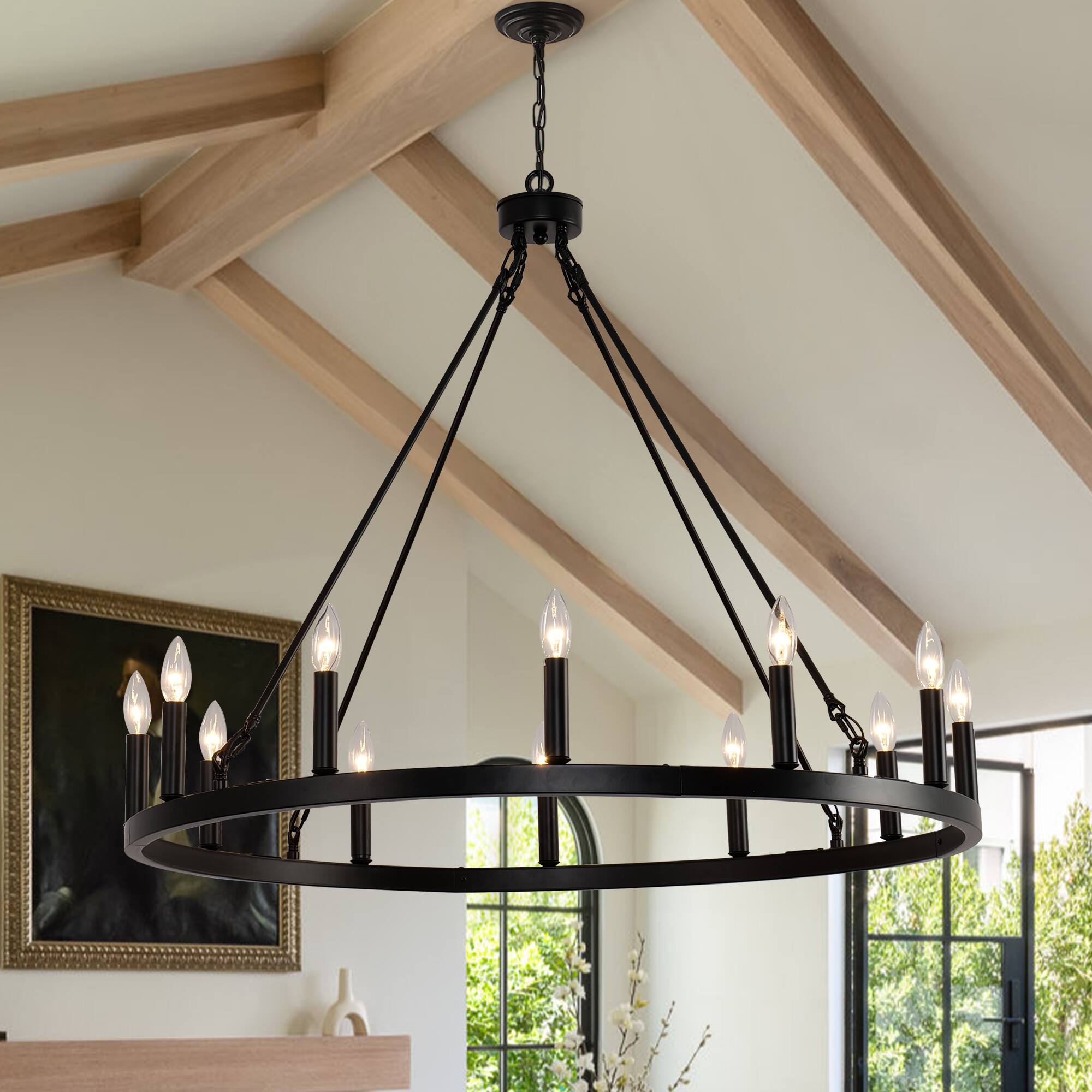 Front. RYHNUYNE - Wagon Wheel Chandelier 12 Light 31" Black Farmhouse Chandelier for Dining Room Rustic Country Pendant Light Fixtures - Black.