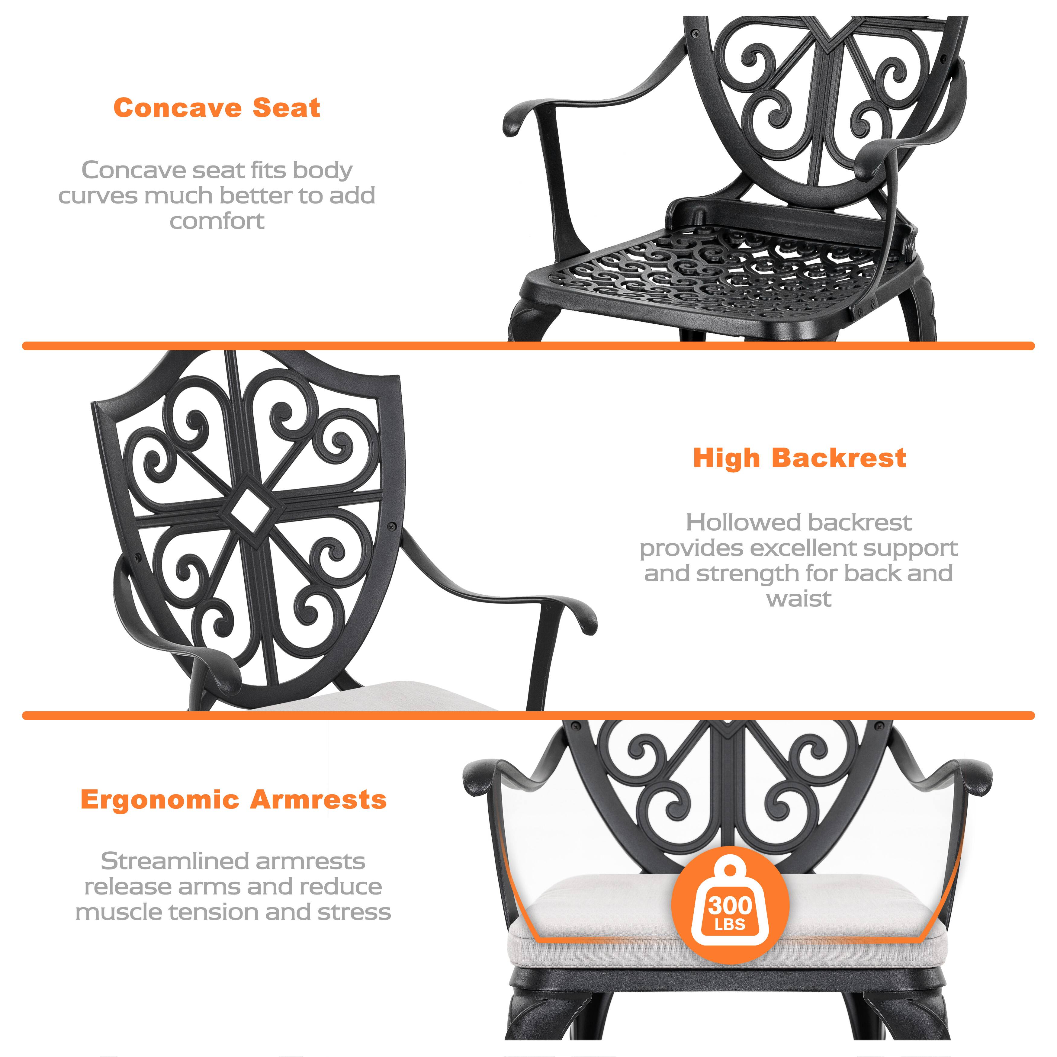 Concave Seat  
Concave seat fits body curves much better to add comfort  

High Backrest  
Hollowed backrest provides excellent support and strength for back and waist  

Ergonomic Armrests  
Streamlined armrests release arms and reduce muscle tension and stress  

300 LBS