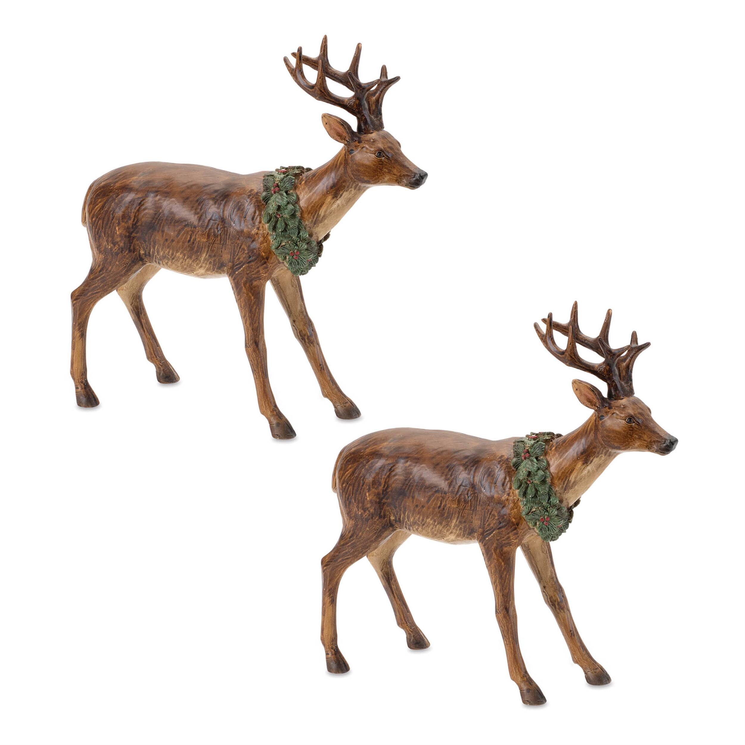Angle. BreeBe - Winter Deer Figurine (Set of 2) - Brown, Green.