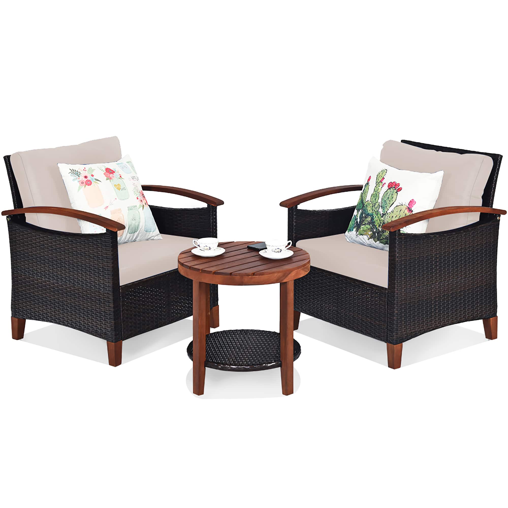 Costway - 3PCS Patio Rattan Furniture Set Wooden Frame Cushion Table Shelf - Beige price history on PriceWatchPro