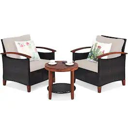 Costway - 3PCS Patio Rattan Furniture Set Wooden Frame Cushion Table Shelf - Beige