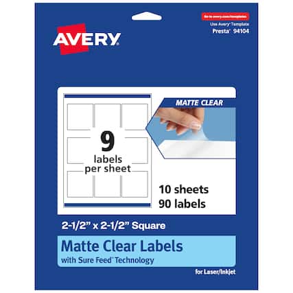 Go to avery.com/templates
Use Avery Template Presta 94104
MATTE CLEAR
9 labels per sheet
10 sheets 90 labels
2-1/2" x 2-1/2" Square
Matte Clear Labels with Sure Feed® Technology for Laser/Inkjet