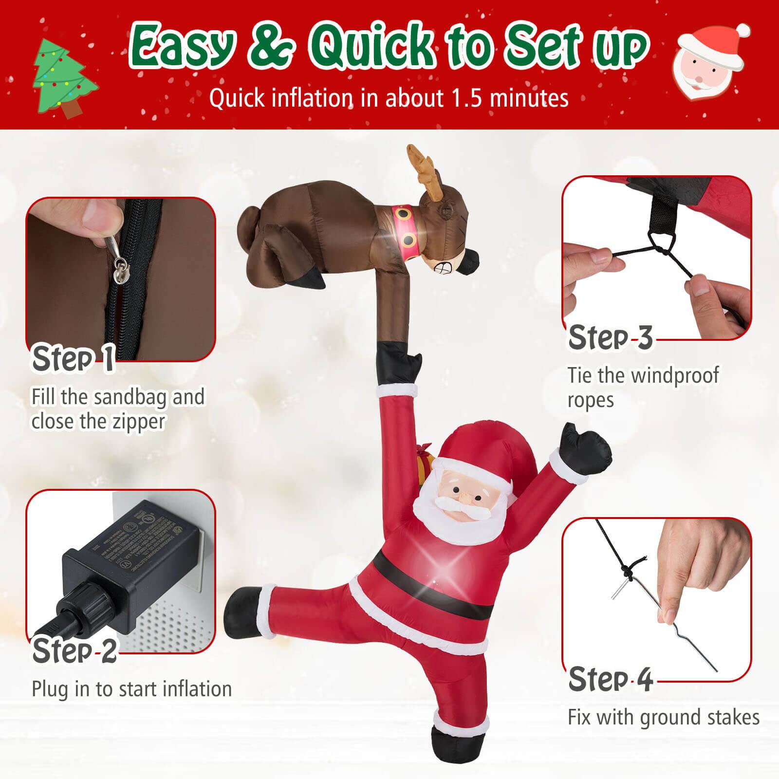 Easy & Quick to Set Up  
Quick inflation in about 1.5 minutes  

Step 1: Fill the sandbag and close the zipper  
Step 2: Plug in to start inflation  
Step 3: Tie the windproof ropes  
Step 4: Fix with ground stakes