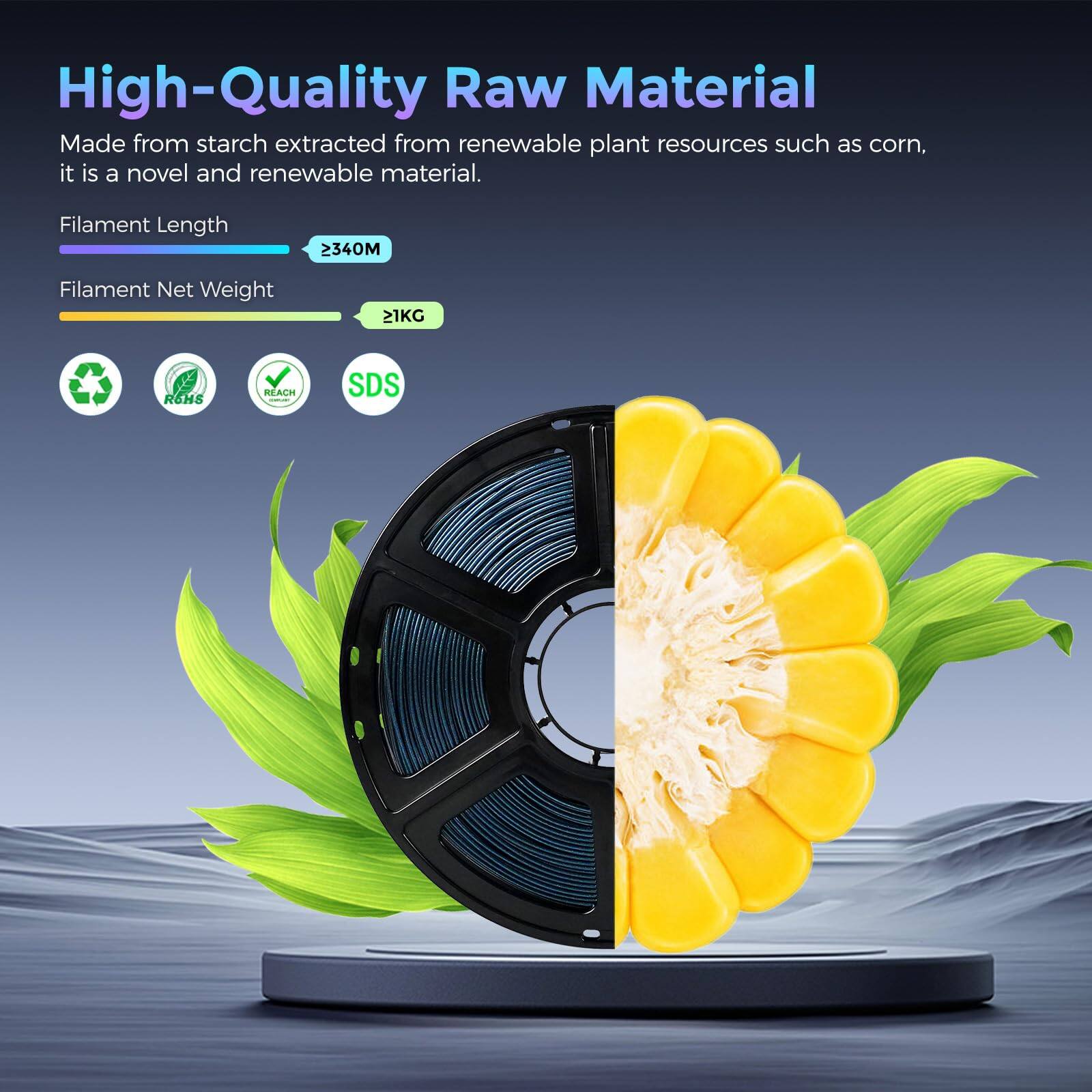 High-Quality Raw Material  
Made from starch extracted from renewable plant resources such as corn, it is a novel and renewable material.  
Filament Length: >340M  
Filament Net Weight: >1KG  
R6HS REACH SDS