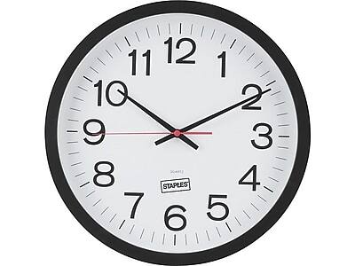 Front. Staples - Wall Clock, Plastic, 14" Diameter - Matte Black/White.