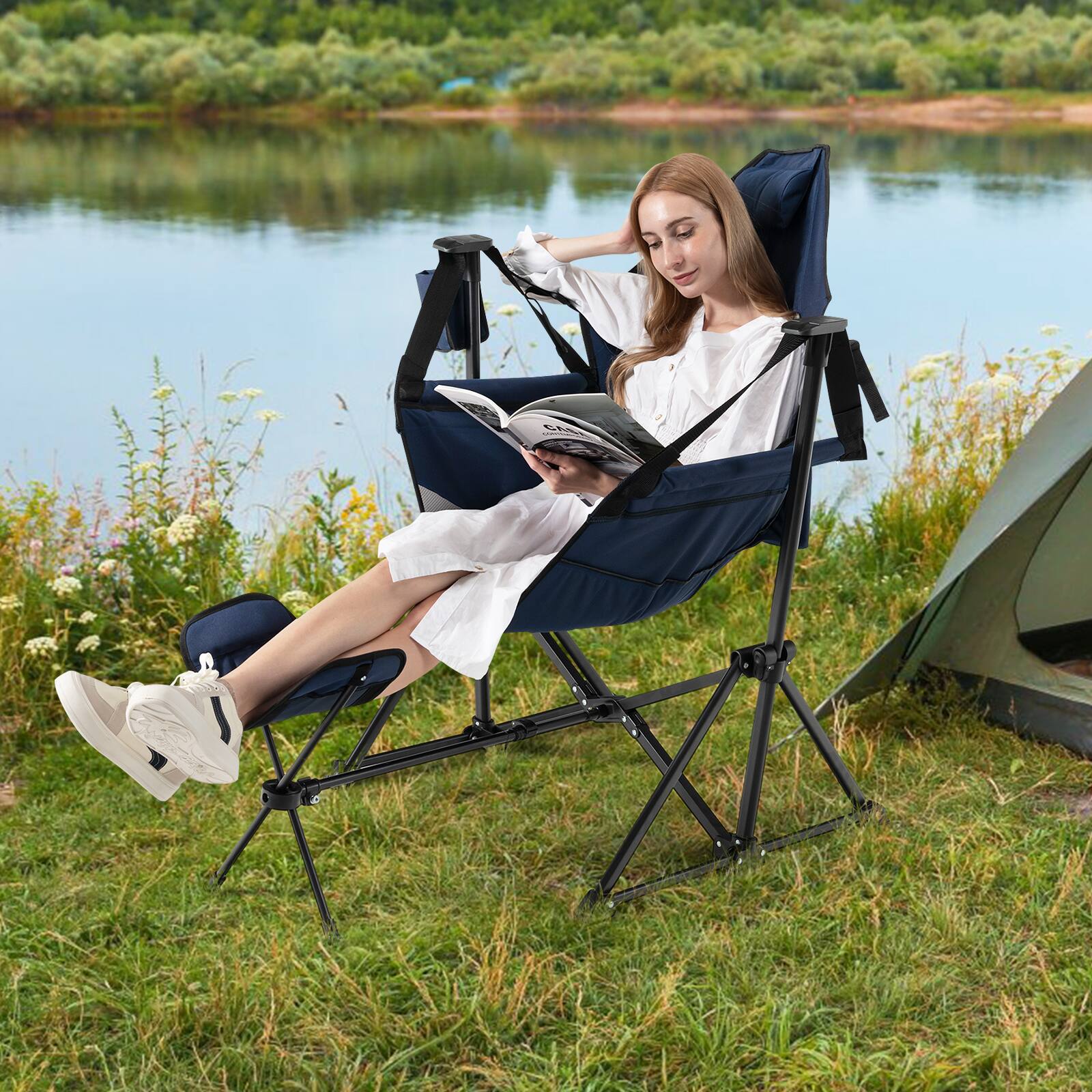 Alt View 3. Costway - Costway Hammock Camping Chair with Retractable Footrest & Carrying Bag for Camping Picnic - Navy.