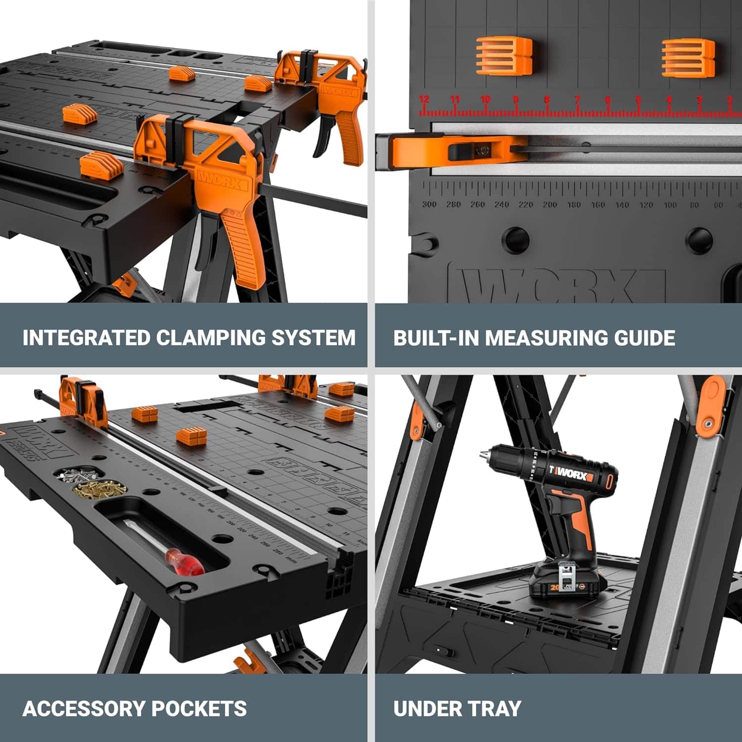The text on the image is grouped and corrected as follows:
1. Integrated Clamping System
2. Built-In Measuring Guide
3. Accessory Pockets
4. Under Tray