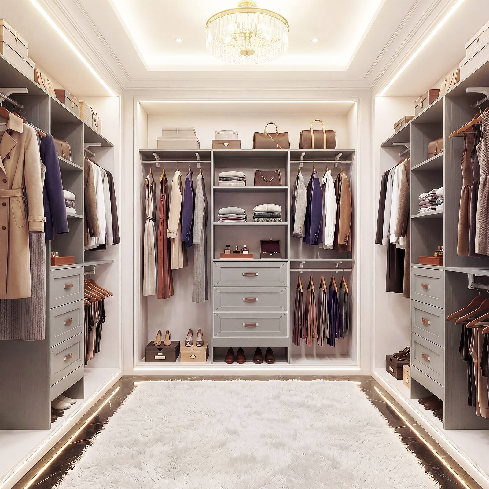 Angle. Aheaplus - 96" Wooden Closet System: 3 Curved Drawers + 3 Hanging Rods and Shelves. Adjustable Walk-in Organizer - Gray.