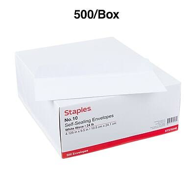 500/Box  
Staples No.10 Self-Sealing Envelopes  
Wove 24  
111.3mm x 95.3mm x 123.2mm (4.4 in x 3.75 in x 4.85 in)  
24.1 cm x 10.5 cm  
500 Envelopes