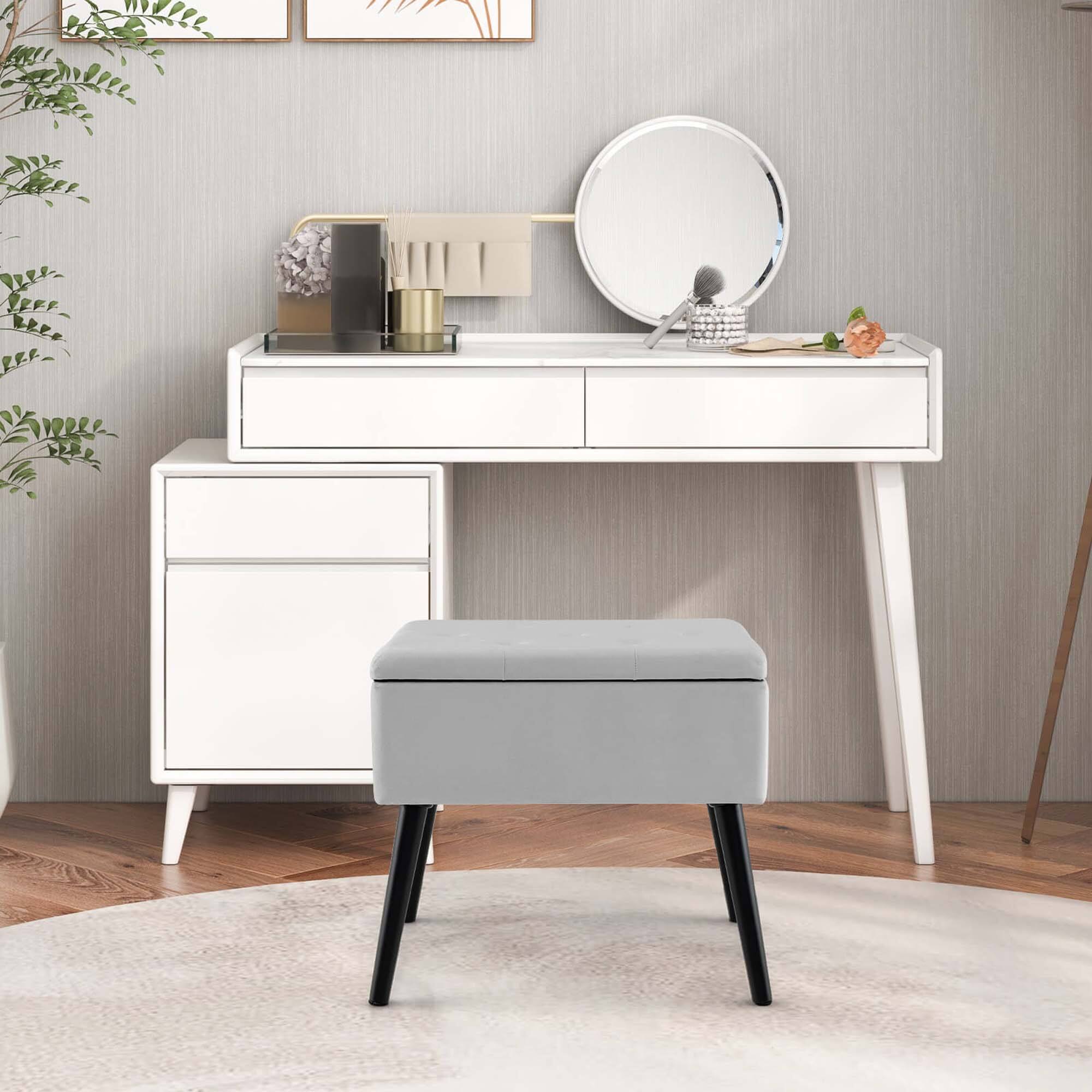 Alt View 3. Costway - Costway Velvet Vanity Stool Ottoman with Storage Solid Wood Legs Flip-Up Top for Entryway Gray - Gray.