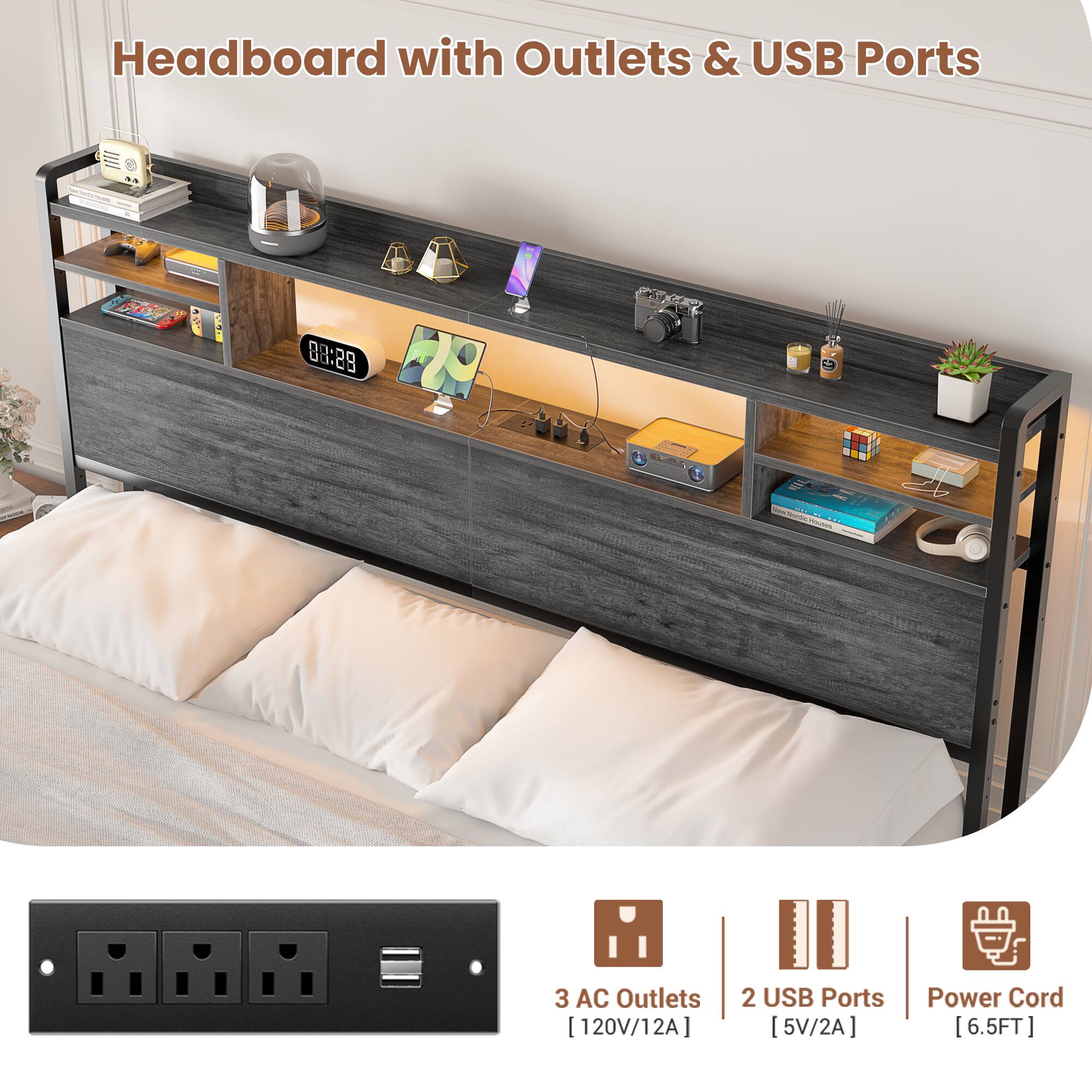 Headboard with Outlets & USB Ports

- 3 AC Outlets [120V/12A]
- 2 USB Ports [5V/2A]
- Power Cord [6.5FT]