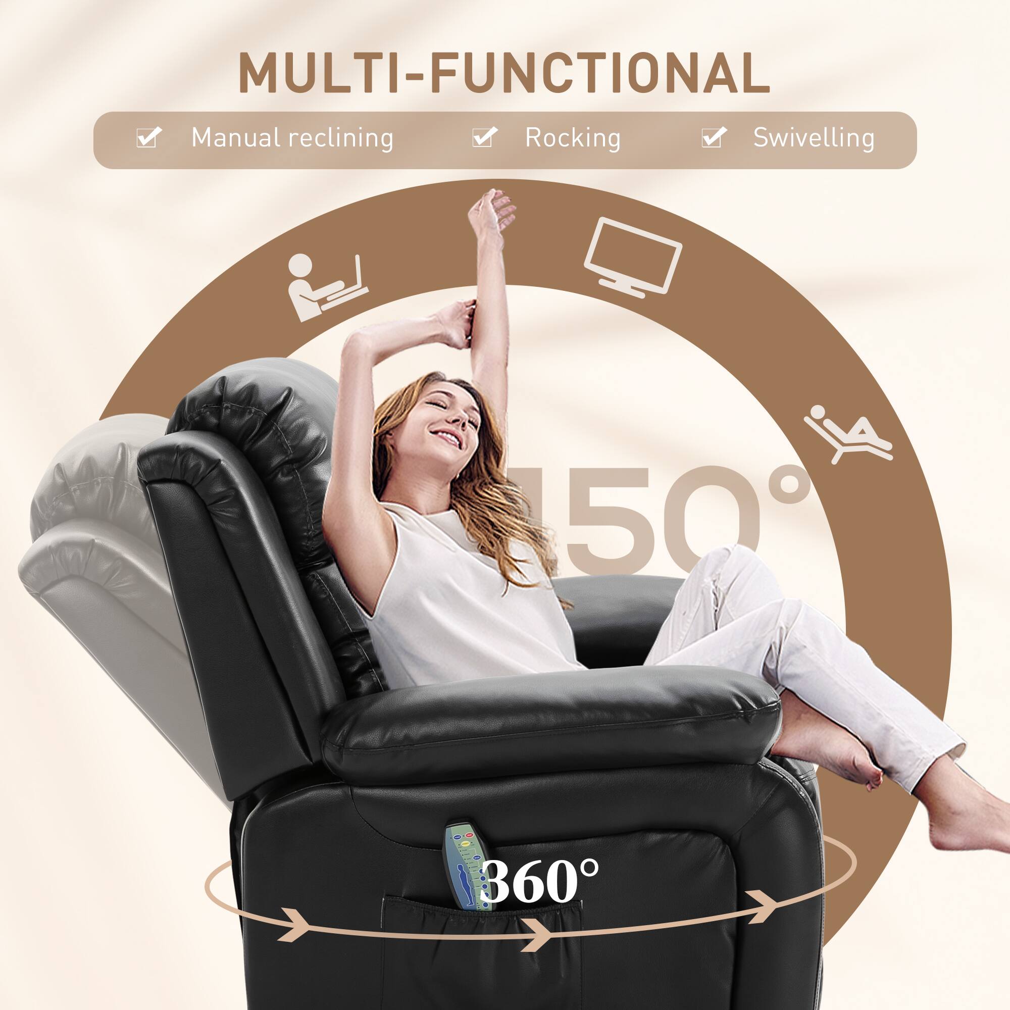 MULTI-FUNCTIONAL  
- Manual reclining  
- Rocking  
- Swivelling  

50°  
360°