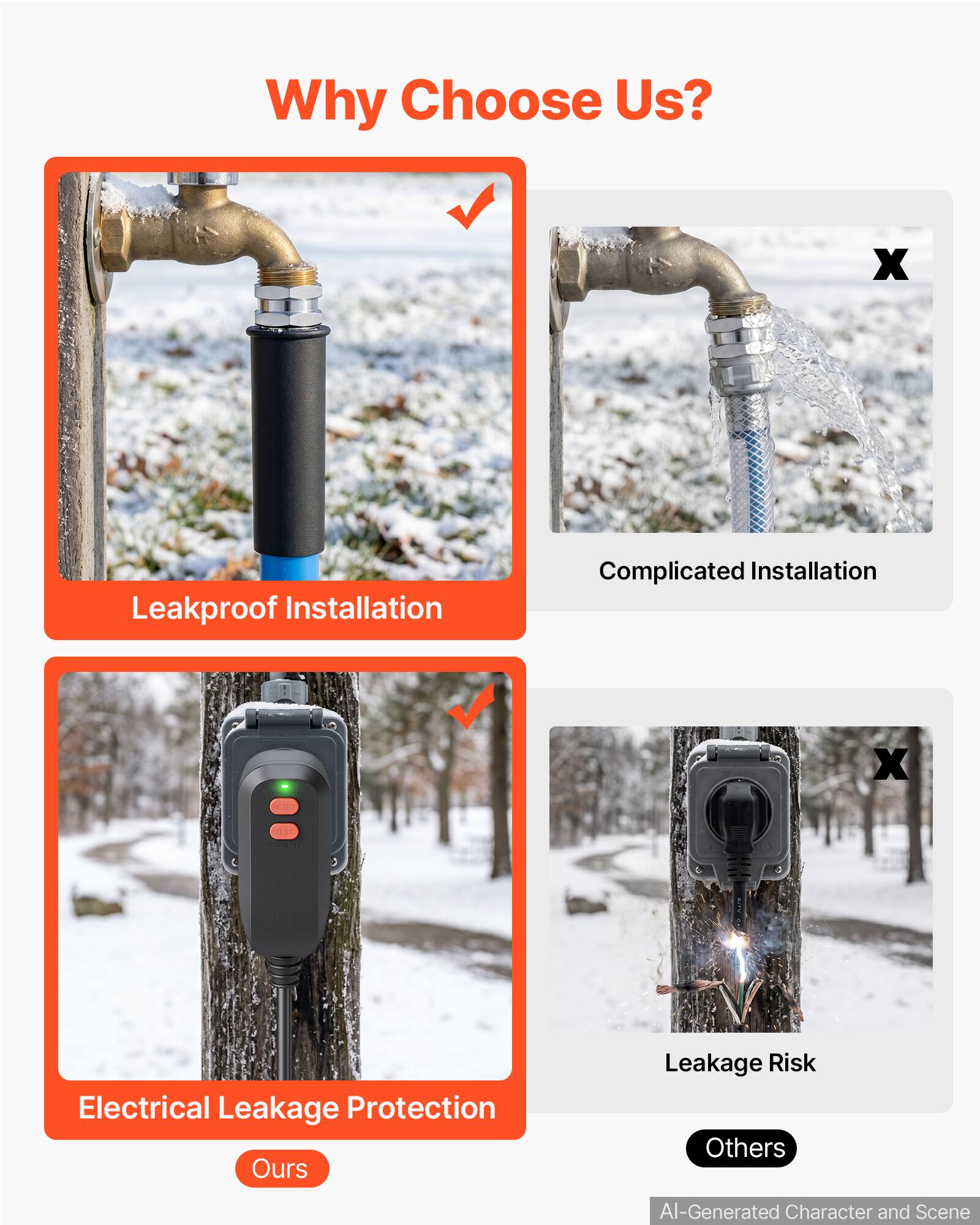 Why Choose Us?

- Leakproof Installation
- Complicated Installation
- Electrical Leakage Protection
- Leakage Risk

Ours
Others

AI-Generated Character and Scene