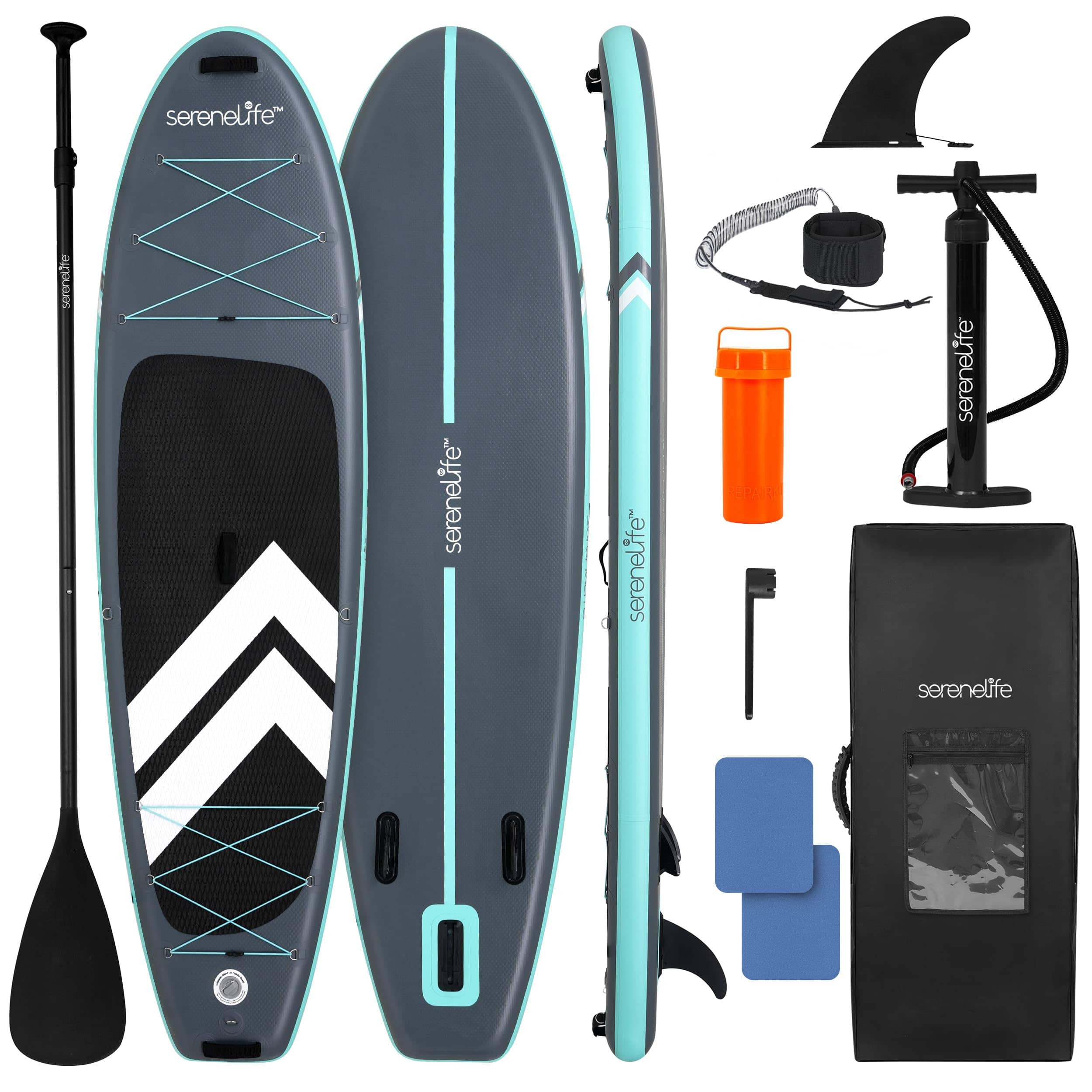 SereneLife - SLSUPB010’ Inflatable SUP Board with Premium Accessories, 32” Wide Stable Non-Slip EVA Deck, 350 lb Capacity - Gray